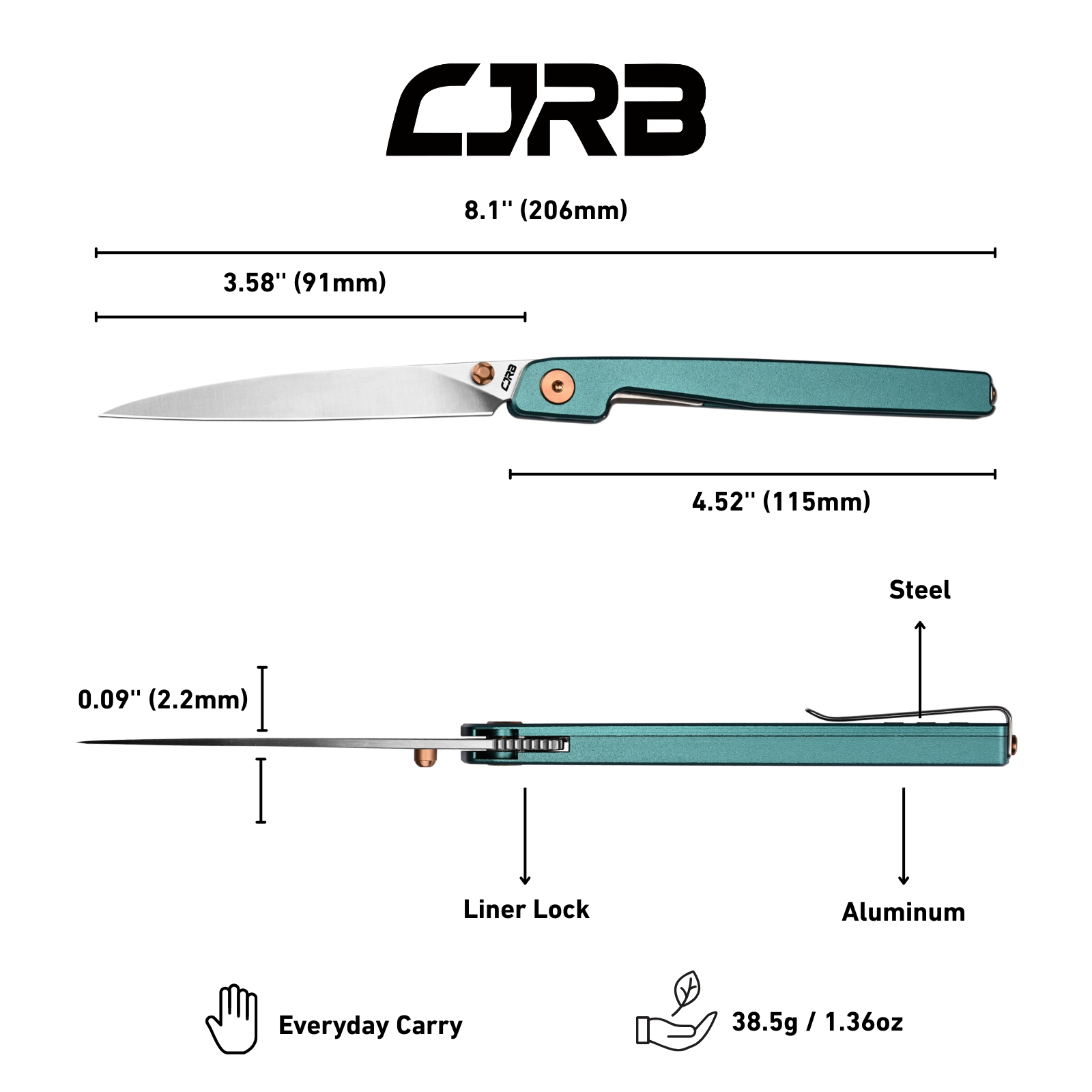 CJRB Lanky Thumb Stud & Liner Lock Knife Blue Aluminum Handle (3.58'' AR-RPM9 Sand Polish Blade) J1965-BU