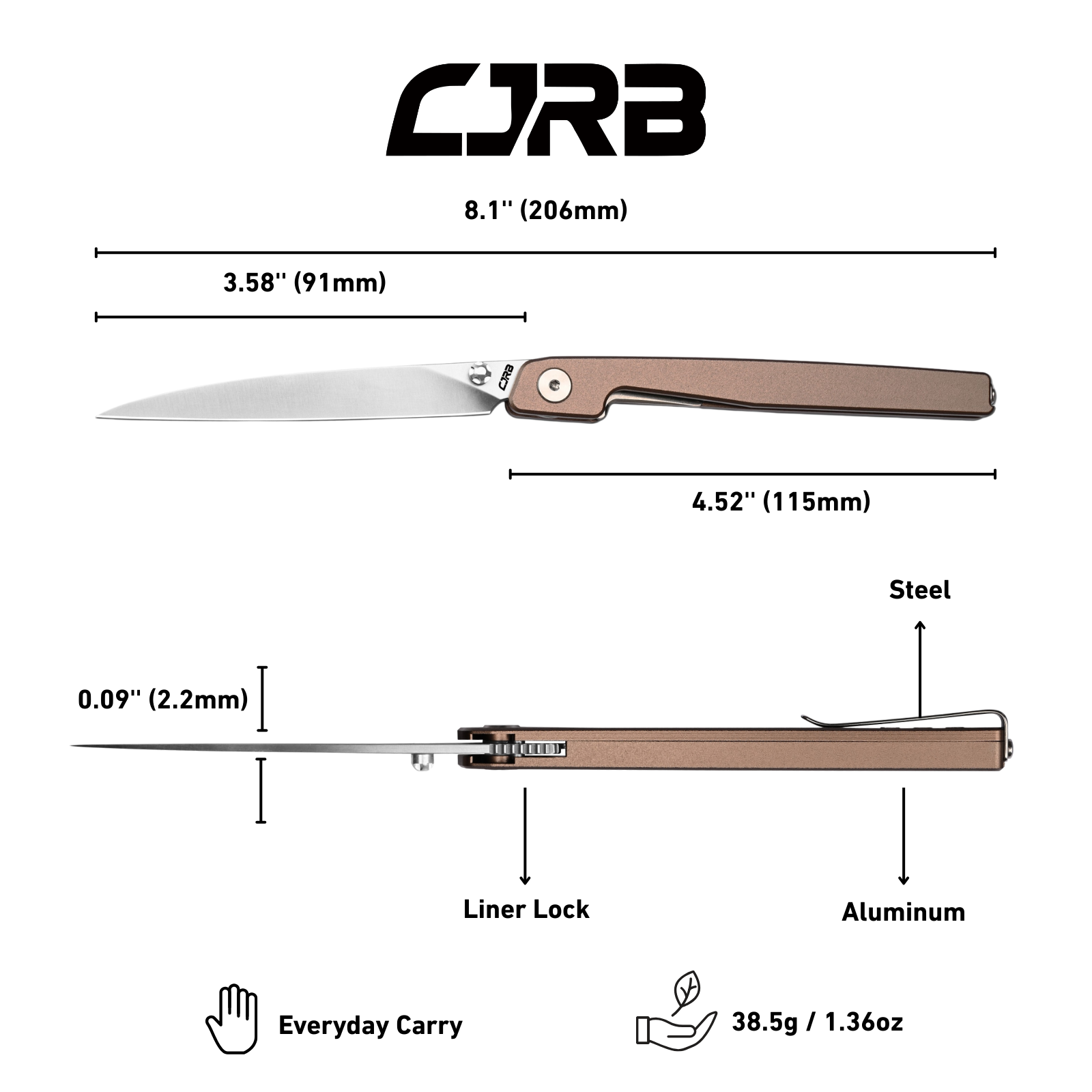CJRB Lanky Thumb Stud & Liner Lock Knife Champagne Aluminum Handle (3.58'' AR-RPM9 Sand Polish Blade) J1965-CP