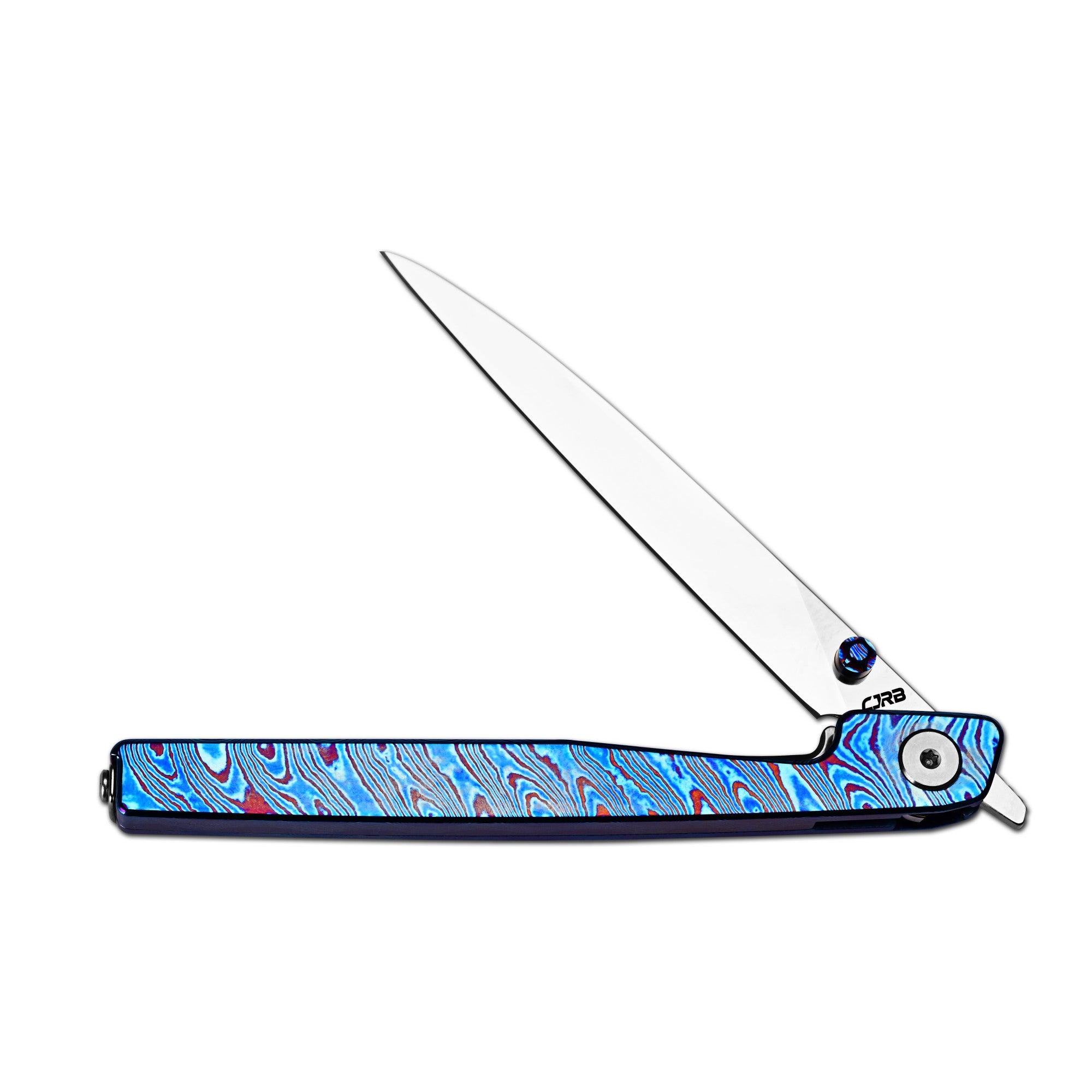 CJRB Lanky Thumb Stud&Front Flipper Liner Lock EDC Knife Titanium Damascus Handle Steel Clip(3.58'' CPM S90V Mirror Polish Blade) J1965G-TDB