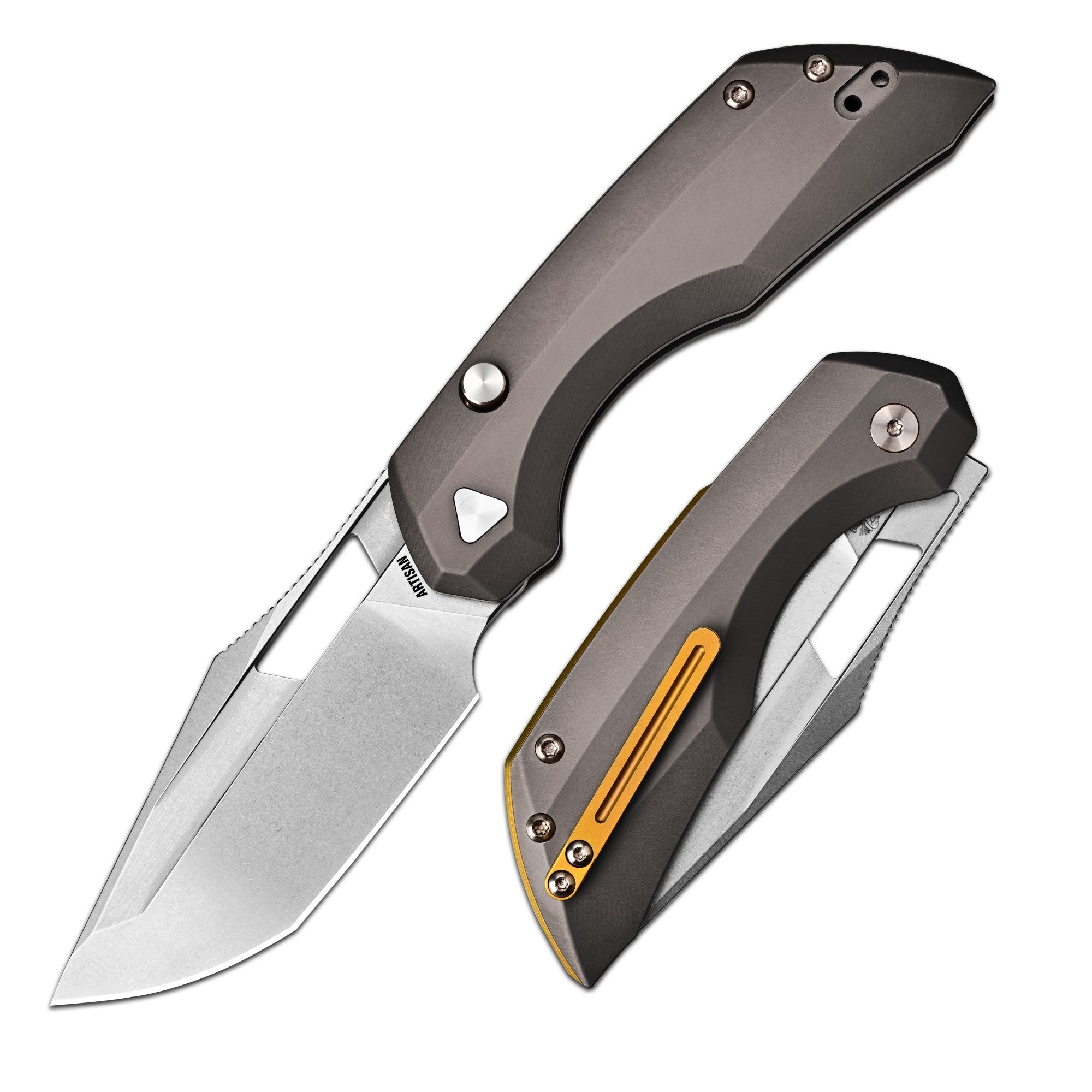 Artisan Cutlery Mousebird Thumb Hole Top Liner lock Lock EDC Knife Titanium Handle Gold Titanium Clip(3'' CPM S35VN Stone Wash Blade ) 1889G-DG