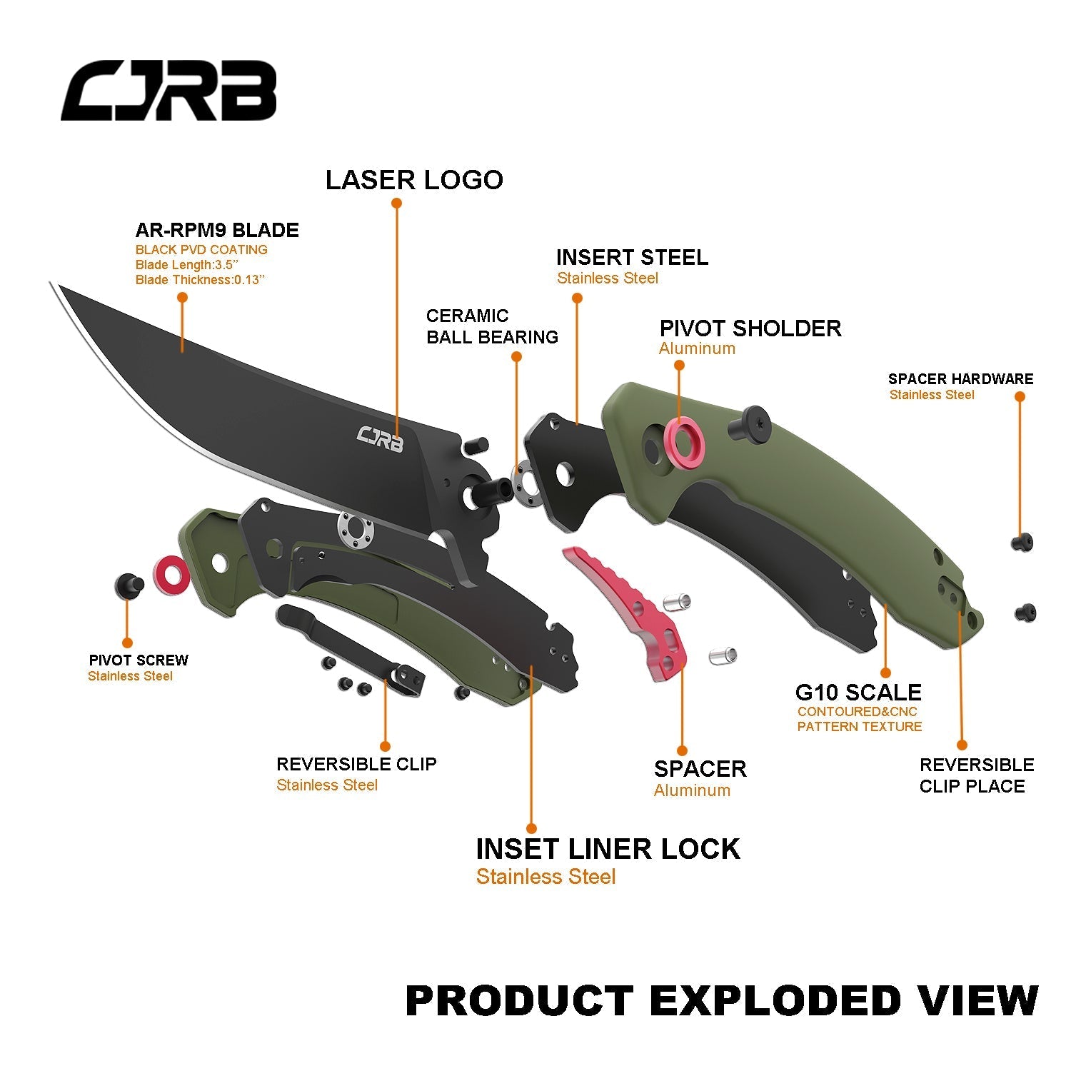 CJRB Gobi J1906 AR-RPM9 Steel Black Pvd Blade G10 Handle Folding Knives - Green (J1906-BGNC)