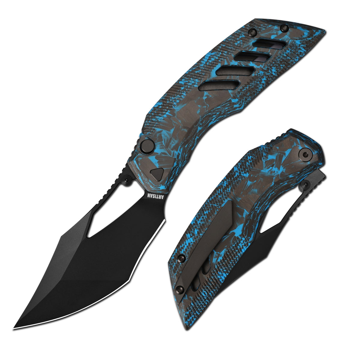 Artisan Cutlery Dark Wing Thumb Hole & Front Flipper Top Liner Lock EDC Knife Carbon Fiber(Glow in the dark) Handle(3.63'' CPM S90V Black PVD Coating Blade ) 1887G-GDBU