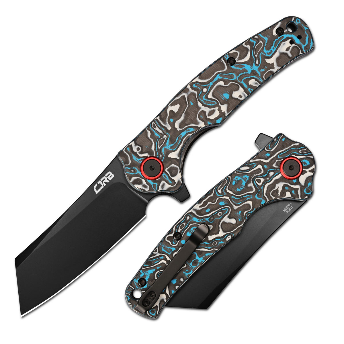 CJRB Crag Flipper & Liner Lock Folding Knife Blue & White Fat Carbon Handle (3.43'' 14C28N Steel Black PVD Coating Blade) J1904-BWCF (Exclusive)