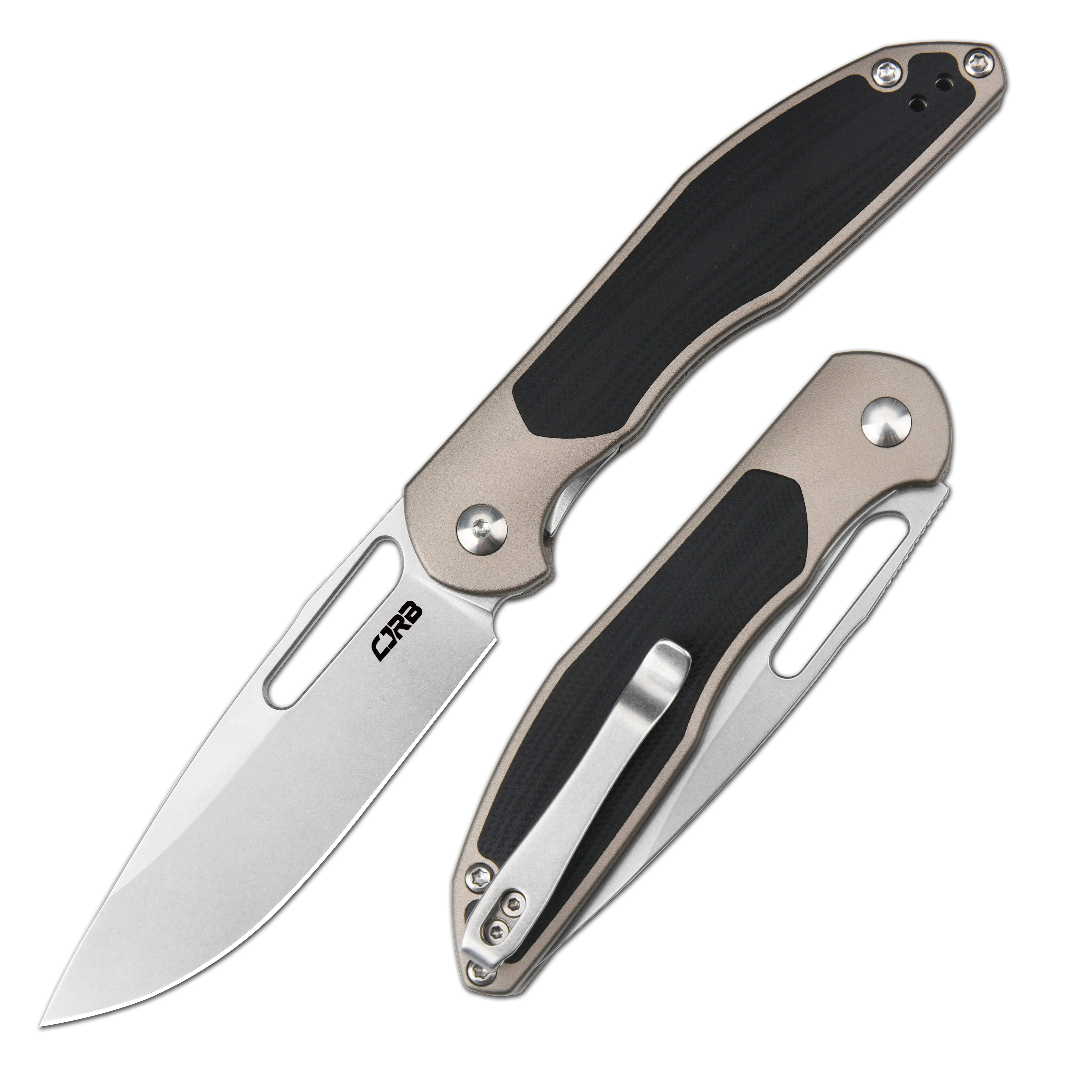 CJRB Droma J1963 AR-RPM9 Steel Blade Aluminum and G10 inlay Handle Folding Knives - Champagne (J1963-BK)