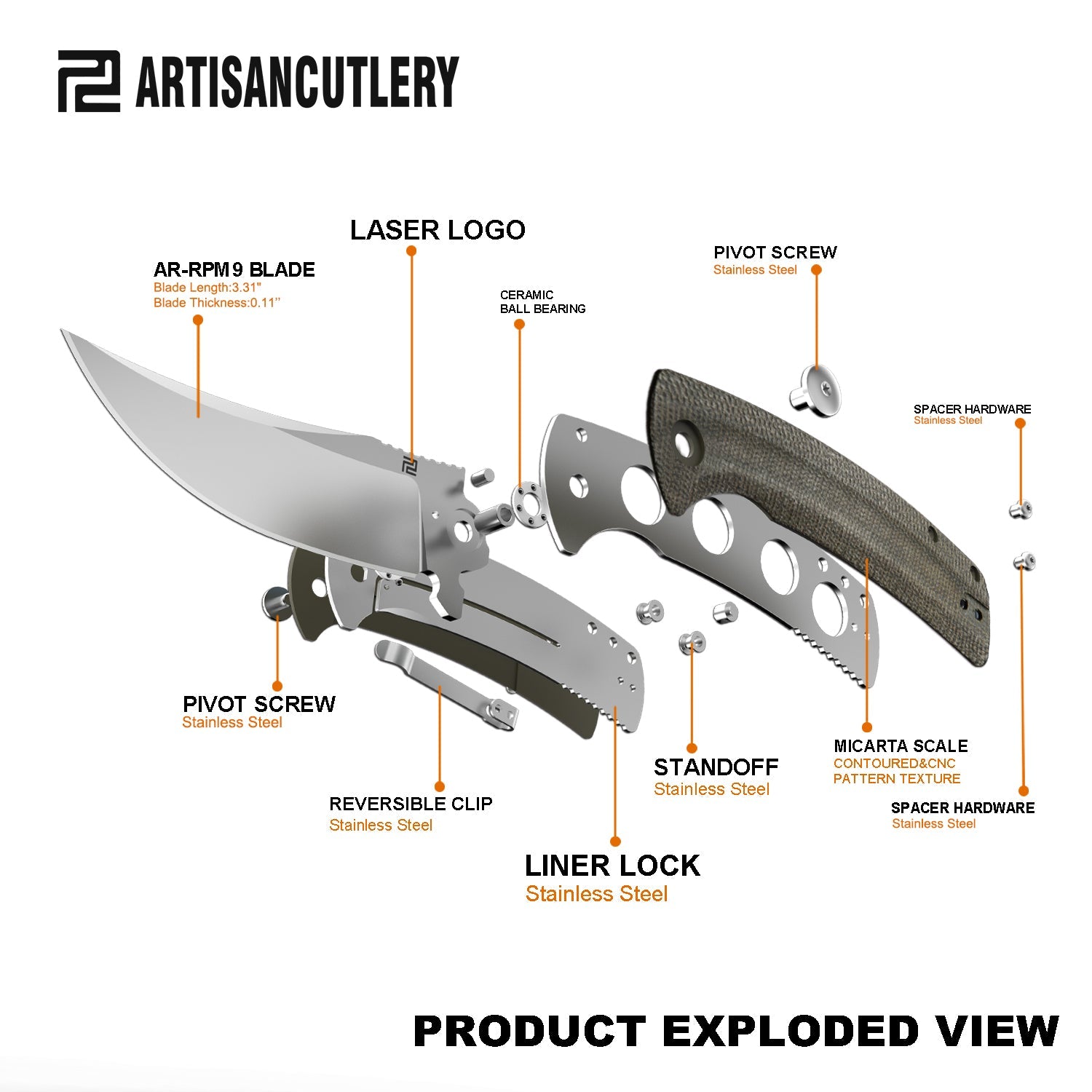 Artisan Cutlery Arroyo ATZ-1845P AR-RPM9 Steel Blade Micarta Handle Folding Knives