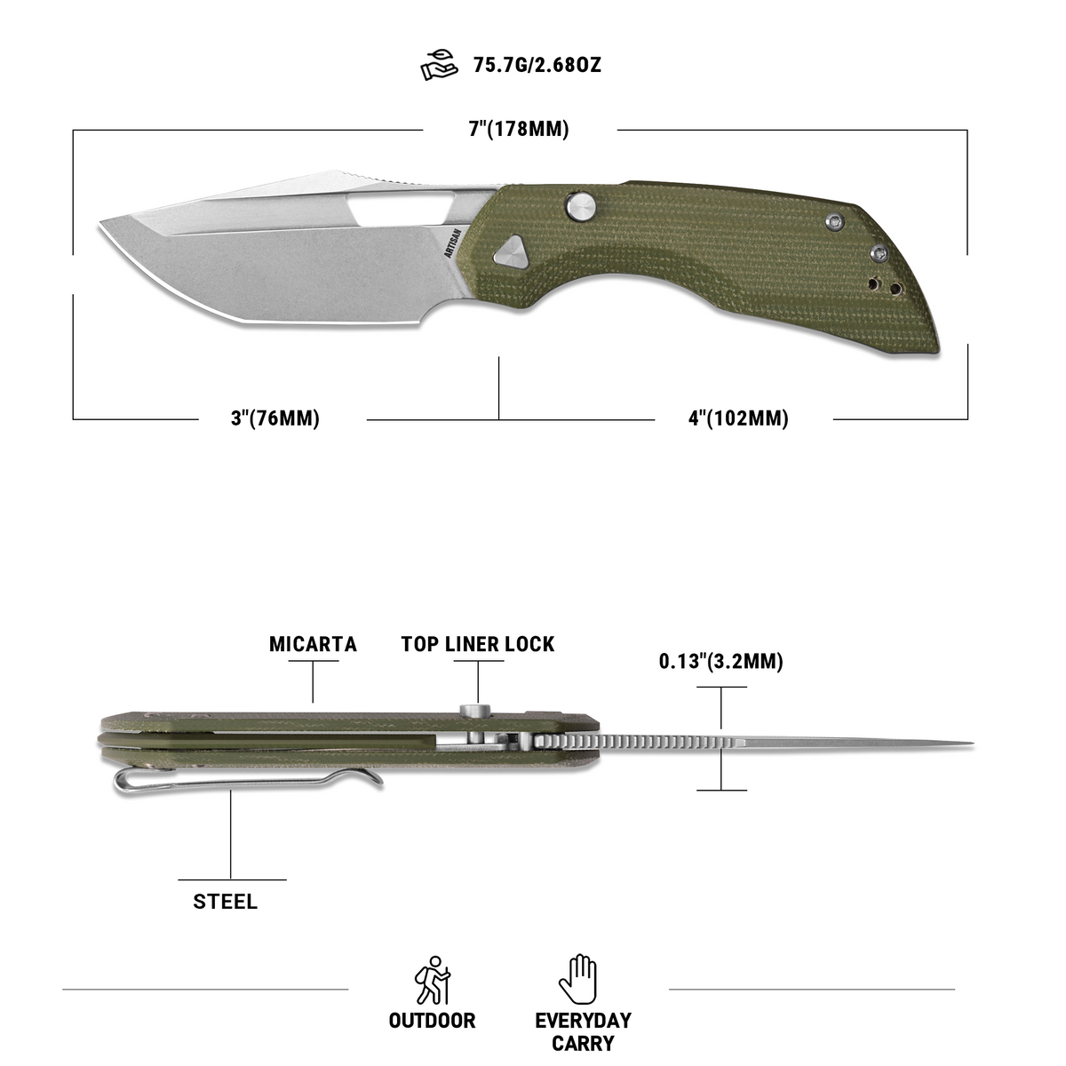 Artisan Cutlery Mousebird Thumb Hole Top Liner Lock EDC Knife Micarta Handle (3'' N690 Stone Wash Blade ) 1889G-MGN