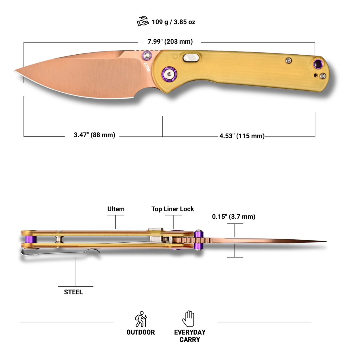 CJRB Latitude Thumb Stud & Top Liner Lock Folding Knife Ultem Handle (3.47'' Rose Gold AR-RPM9 Steel Blade) J1975-AMB (Exclusive)