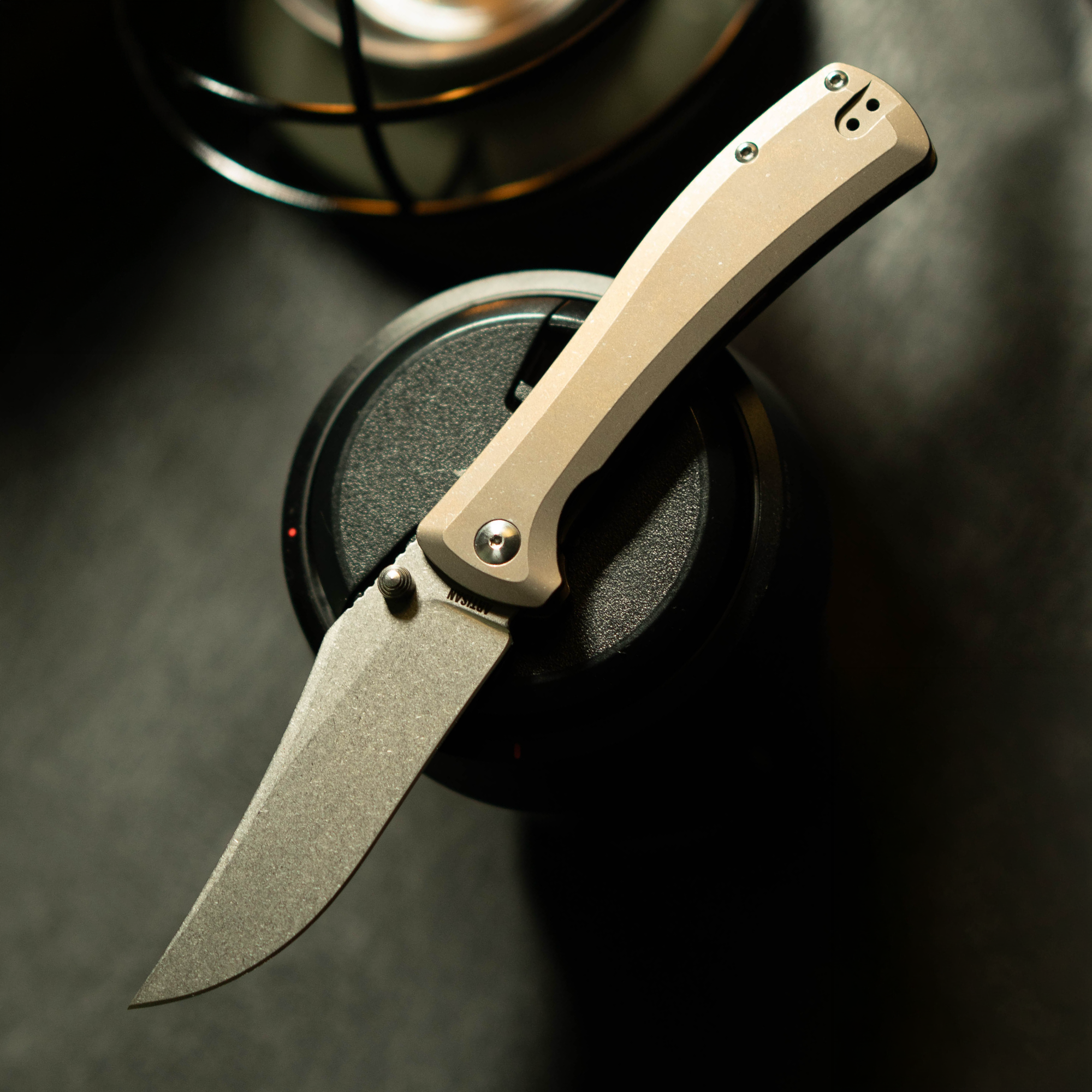 Artisan Cutlery Santee Thumb Stud & Frame Lock Folding Knife Titanium Handle (3.54'' CPM S35VN Steel Stone Wash Blade) 1888G-GY