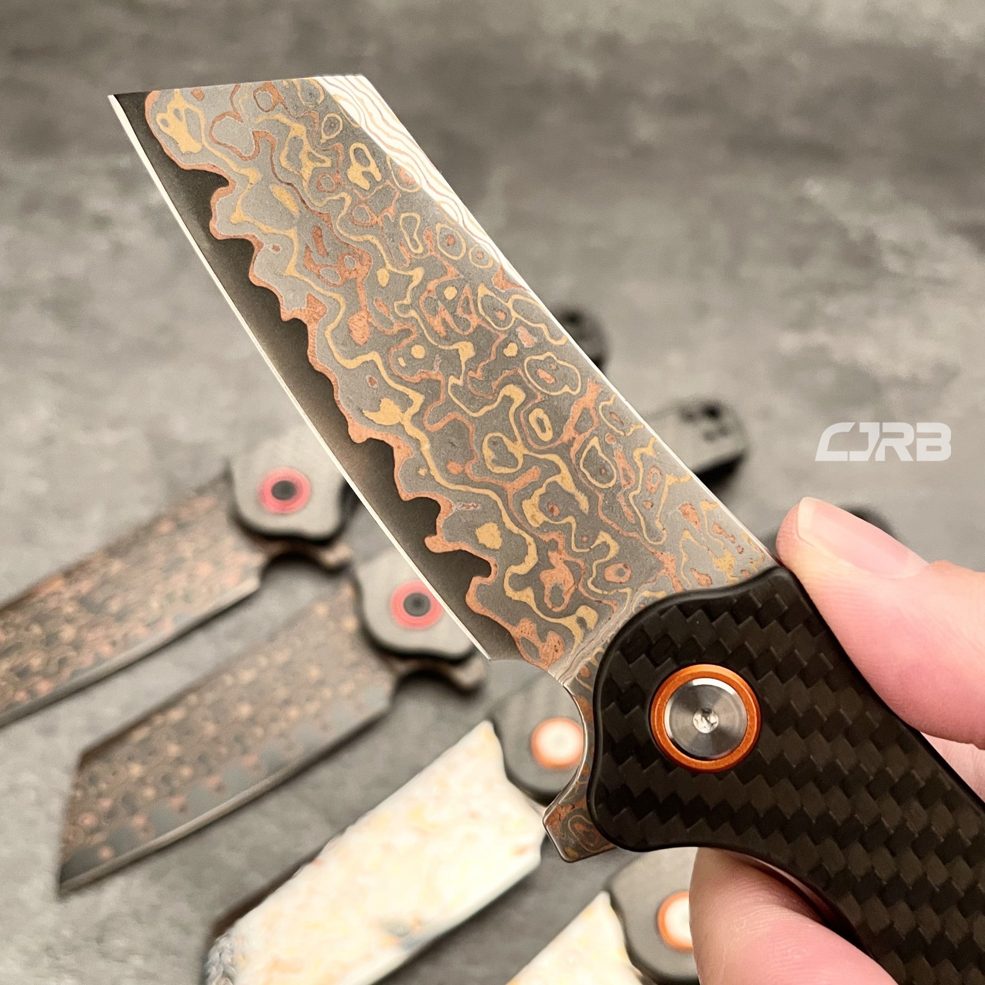 CJRB Crag J1904 Copper Damascus Steel Carbon Fiber Handle Folding Knives(Prototype)