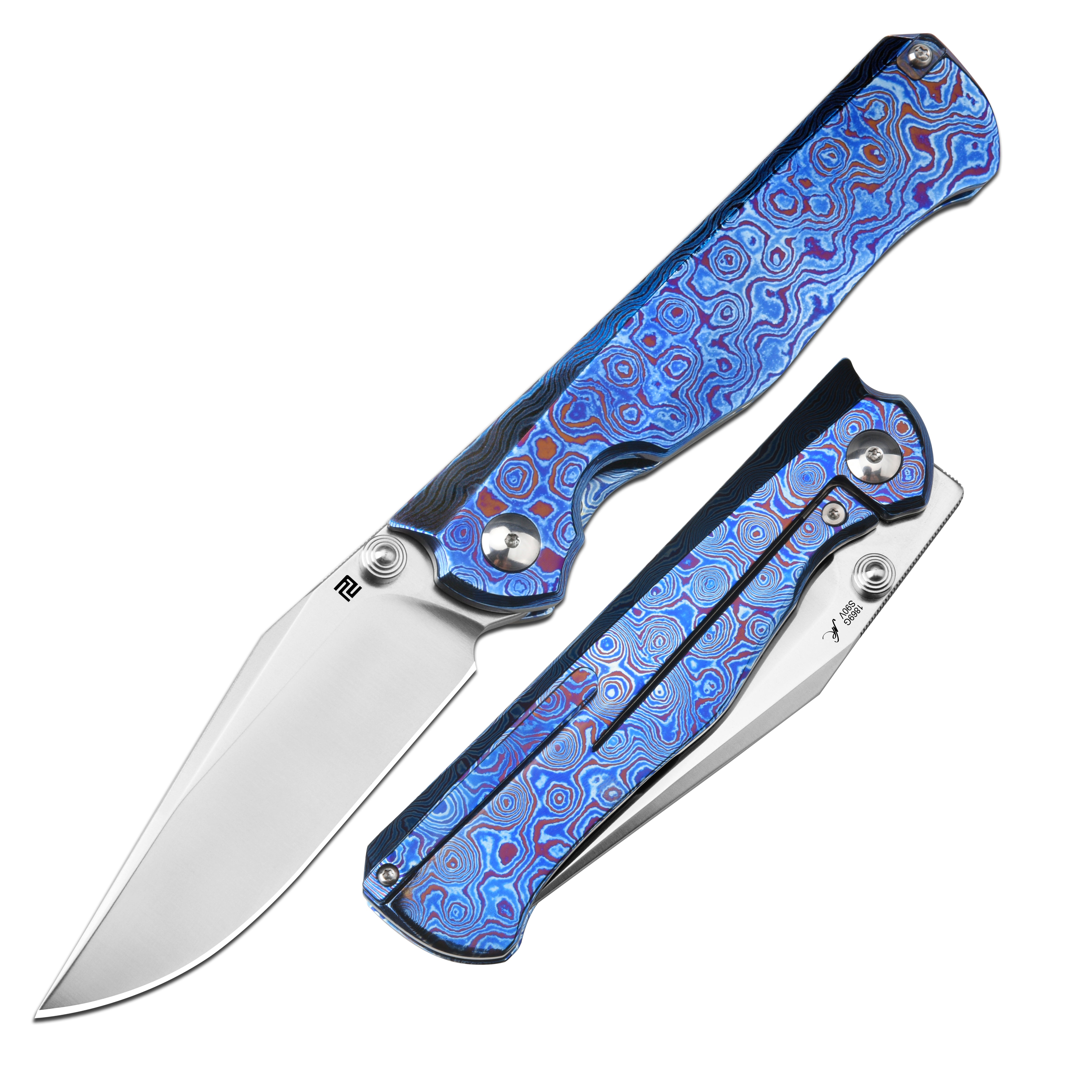 Artisan Cutlery Crusoe ATZ-1869G S90V Blade Titanium Damascus Handle Folding Knives (Limited)