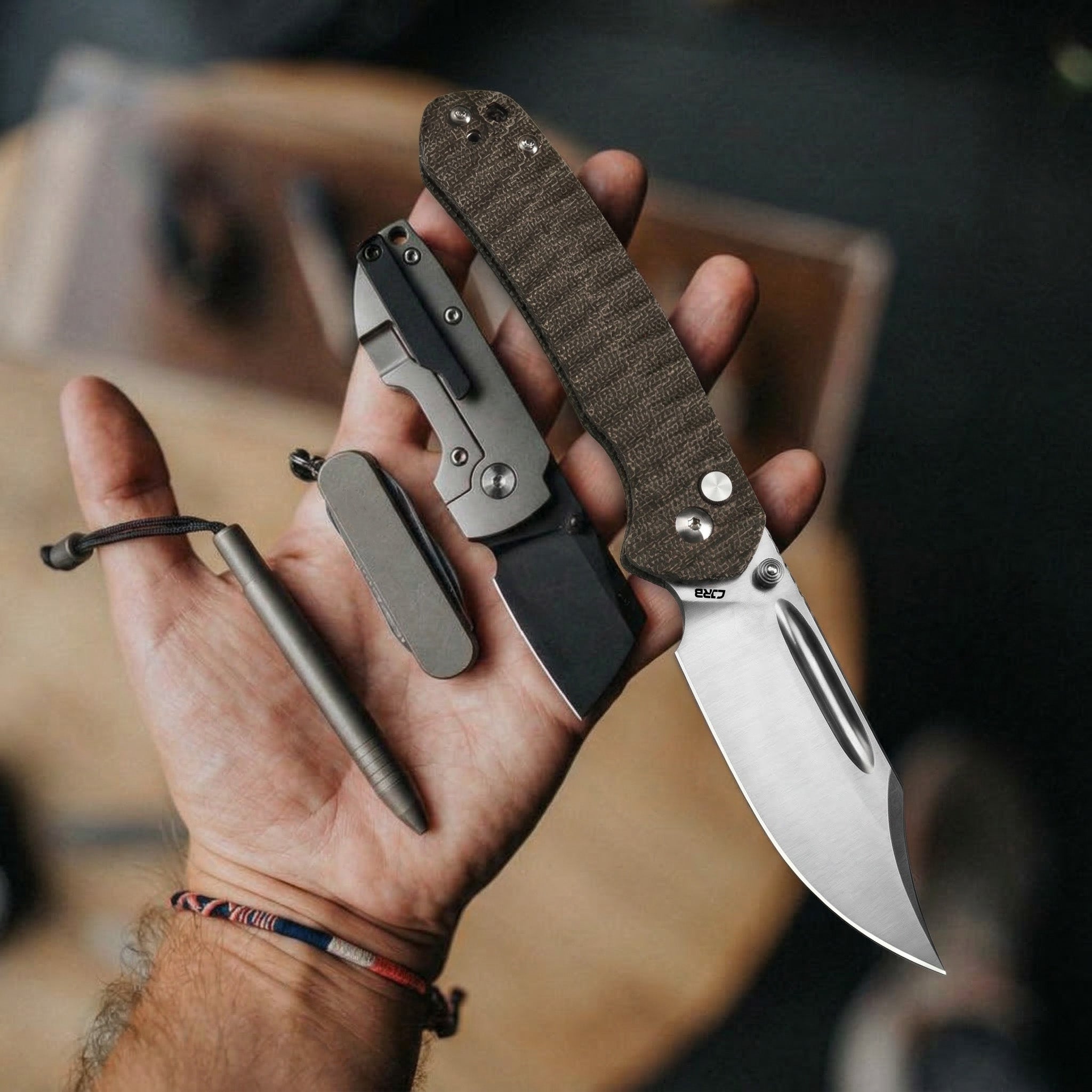 CJRB Bowie Pyrite J1942 AR-SFII Steel Blade Micarta Handle Folding Knives