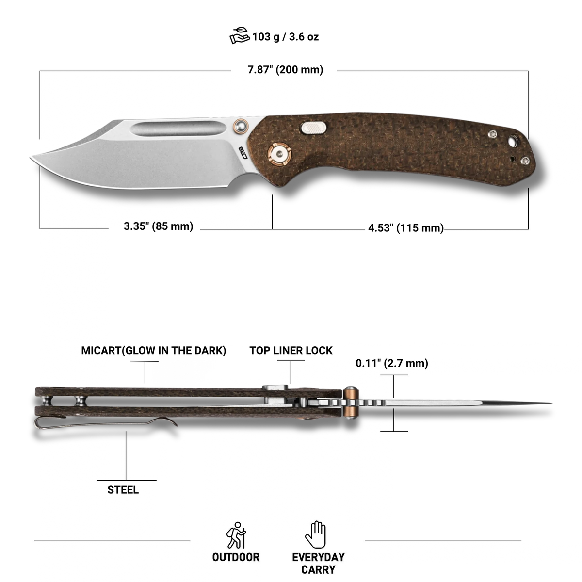 CJRB Bowie Pyrite Thumb Stud & Top Liner Lock Folding Knife Brown Glow in the Dark Micarta Handle (3.35'' Stone Wash 14C28N Steel Blade) J1942X-GDBN (Exclusive)