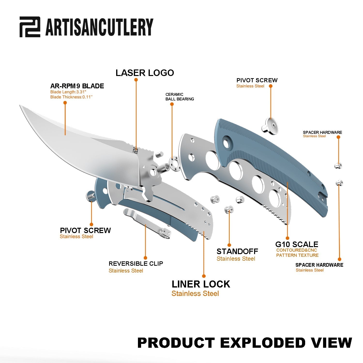Artisan Cutlery Arroyo ATZ-1845P AR-RPM9 Steel Blade G10 Handle Folding Knives - Gray (1845P-GY)