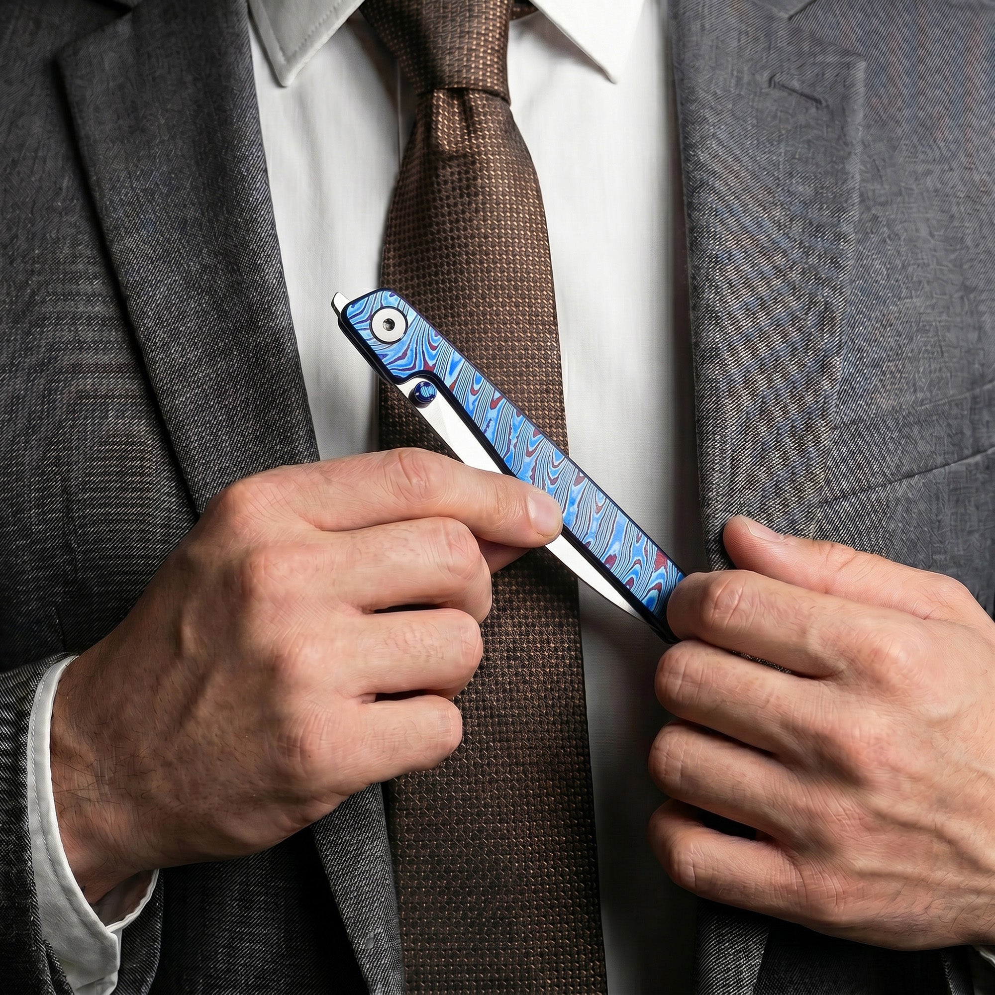 CJRB Lanky Thumb Stud&Front Flipper Liner Lock EDC Knife Titanium Damascus Handle Steel Clip(3.58'' CPM S90V Mirror Polish Blade) J1965G-TDB