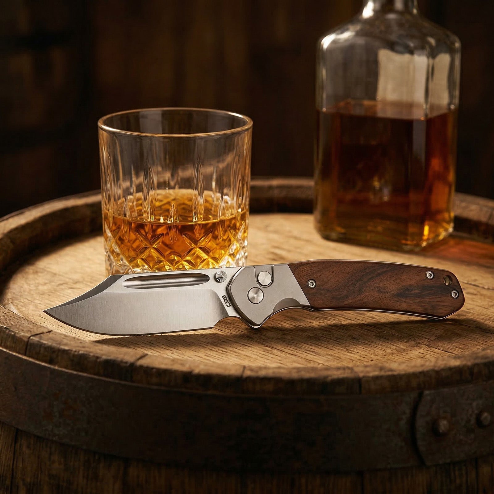 CJRB Bowie Pyrite J1942 AR-RPM9 Steel Blade Wood Handle Folding Knives - Rosewood (J1942-RW)