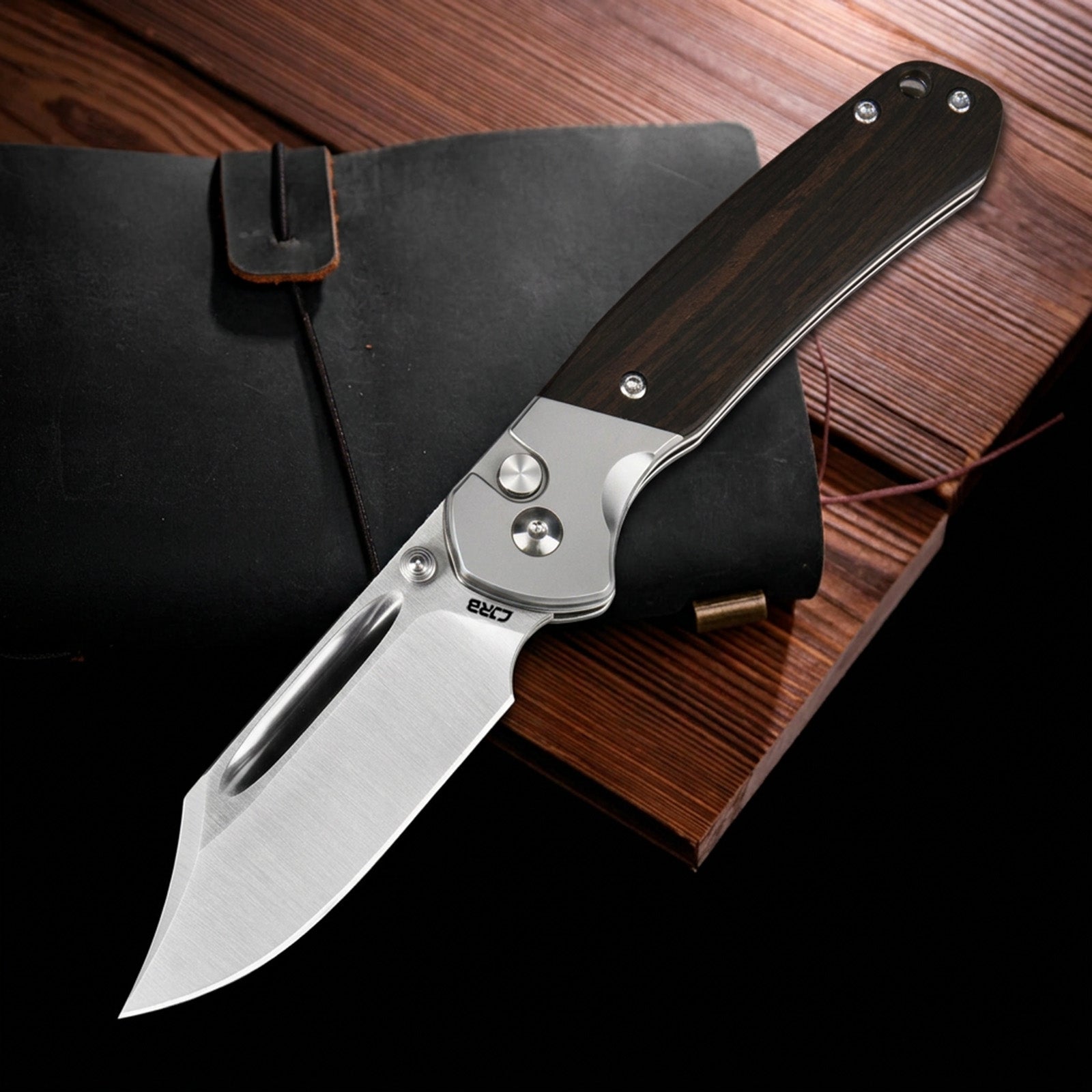 CJRB Bowie Pyrite J1942 AR-RPM9 Steel Blade Wood Handle Folding Knives - Ebony (J1942-EBN)