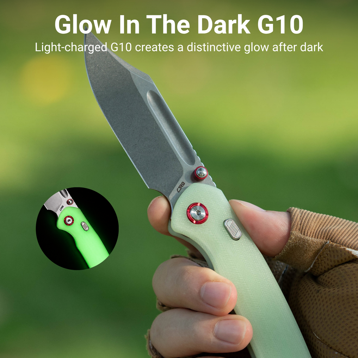 CJRB Bowie Pyrite Thumb Stud & Top Liner Lock Folding Knife G10(Glow In the Dark) Handle (3.35'' AR-RPM9 Steel Stone Wash Blade) J1942X-GD