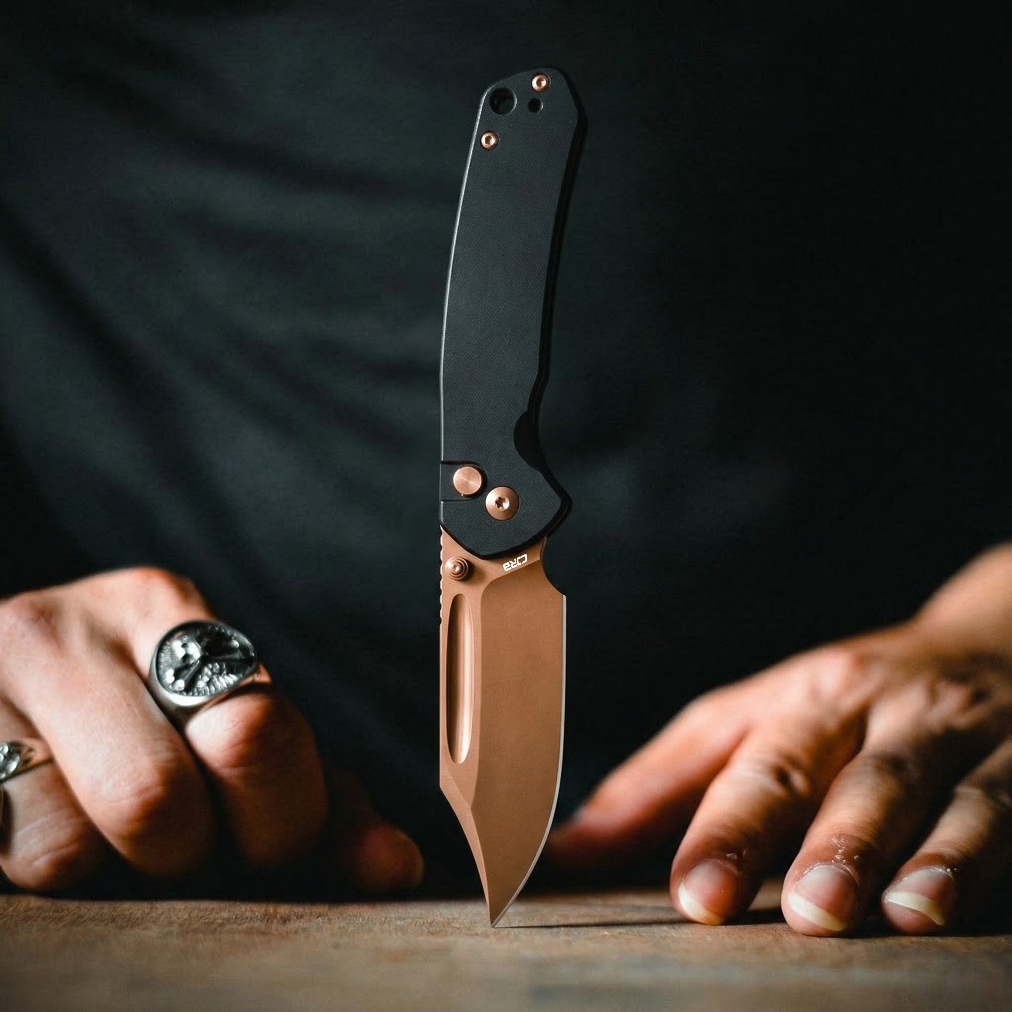 CJRB Bowie Pyrite J1942 AR-RPM9 Steel Rose Gold Blade Steel Handle Folding Knives