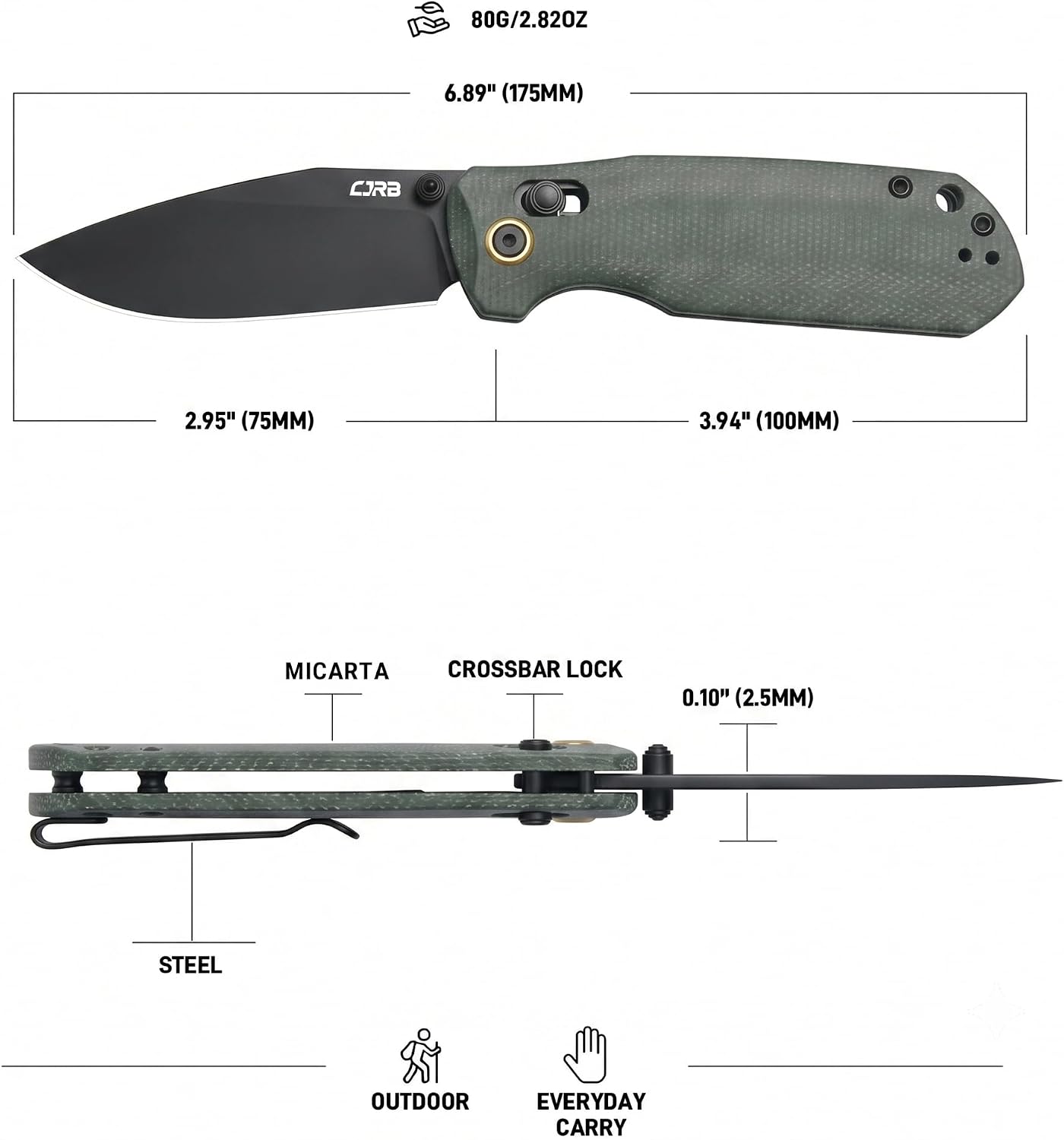 CJRB Maximal Thumb Stud & Crossbar Lock Folding Knife Black Micarta Handle (2.95'' Stone Wash AR-RPM9 Steel Blade) J1954-BMGN