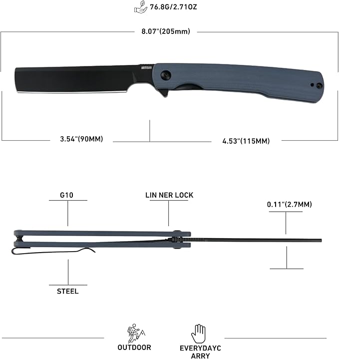 Artisan Cutlery Orthodox V2 Flipper & Liner Lock Knife Blue G10 Handle (3.54'' Black PVD Coating AR-RPM9 Blade) 1883P-BBU