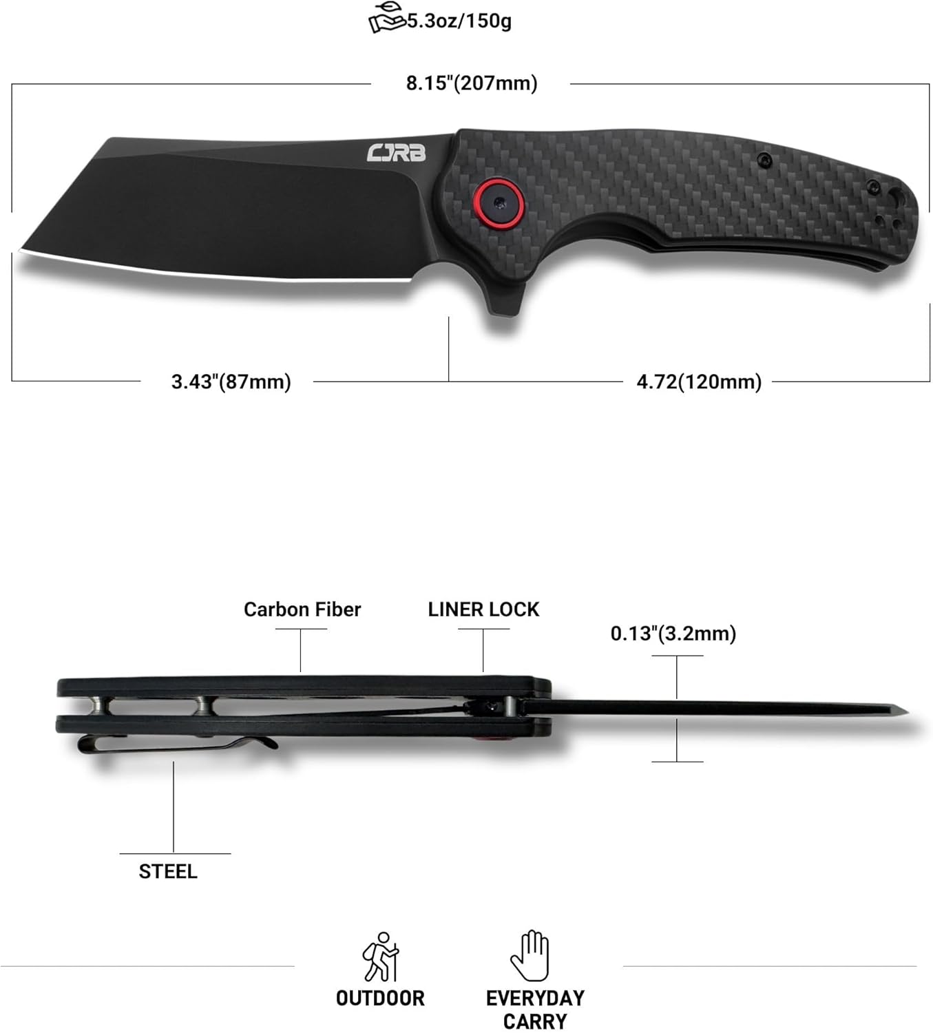 CJRB Crag Flipper & Liner Lock Folding Knife Carbon Fiber Handle (3.43'' AR-RPM9 Steel Black PVD Coating Blade) J1904-CF