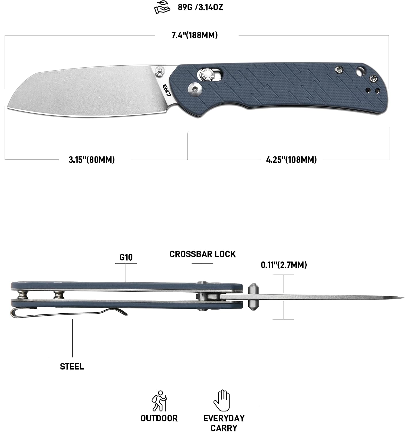 CJRB Lyrid Front Flipper & Crossbar Lock Folding Knife Gray G10 Handle (3.15'' Stone Wash AR-RPM9 Steel Blade) J1953-GY