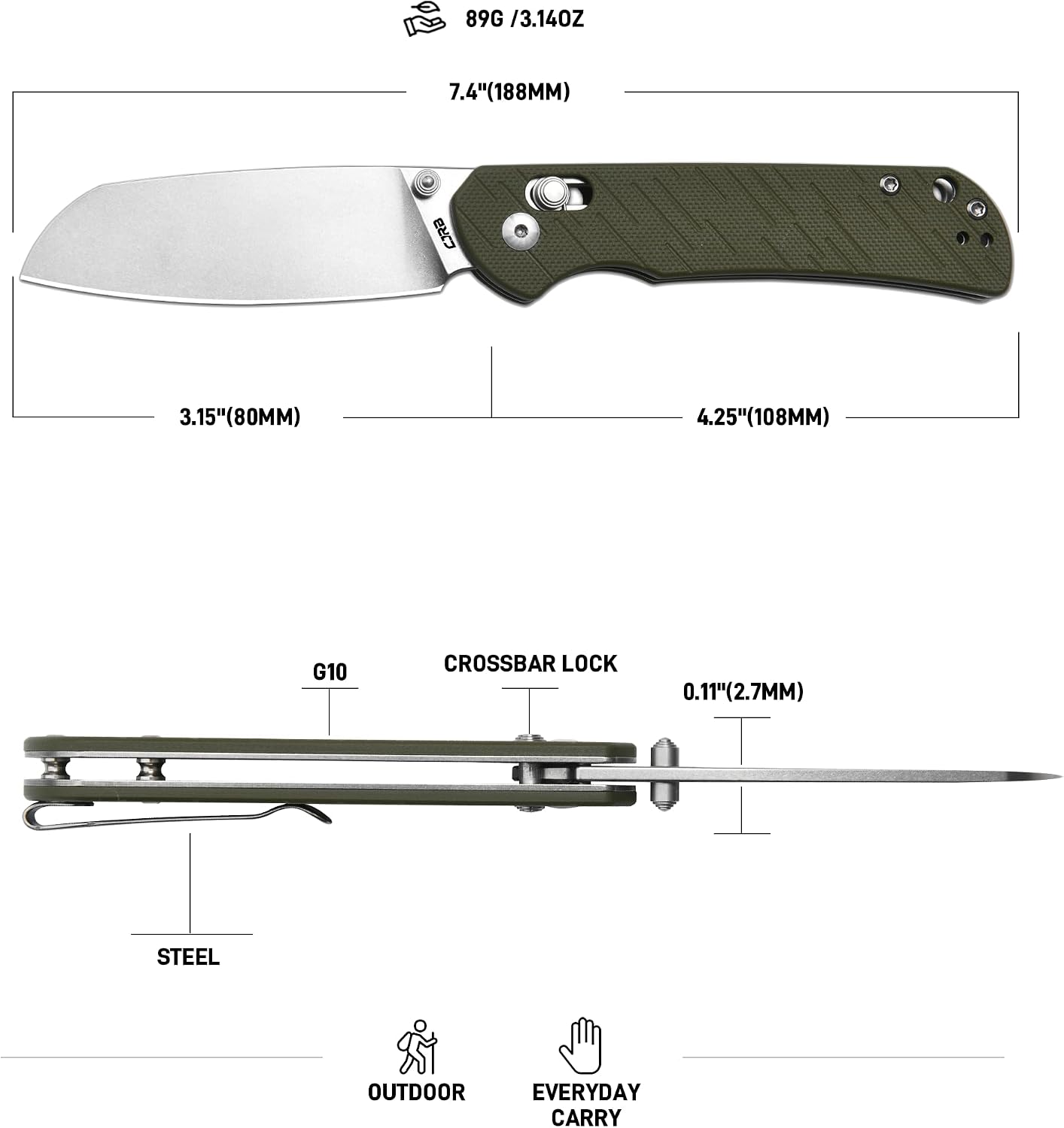 CJRB Lyrid Front Flipper & Crossbar Lock Folding Knife Green G10 Handle (3.15'' Stone Wash AR-RPM9 Steel Blade) J1953-GN