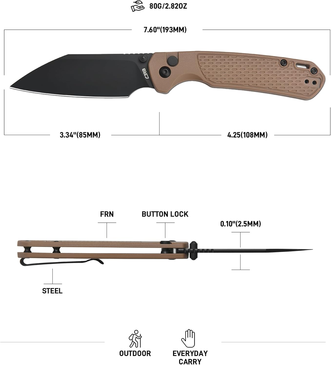 CJRB Pyrite-Light J1945 AR-SFII Steel FRN Handle Folding Knives - Brown FRN Handle/Black PVD Blade (J1945-BBN)