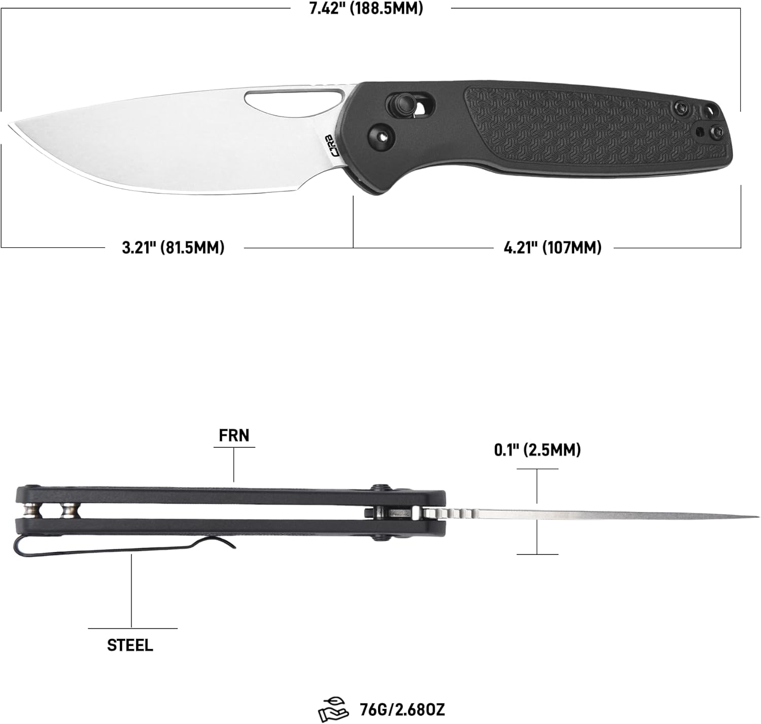 CJRB Acacia J1952 AR-RPM9 Blade Steel FRN Handle Folding Knives - Stone Wash Blade/Black FRN Handle (J1952-BK)