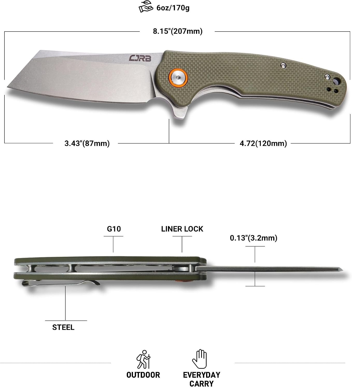 CJRB Crag Flipper & Thumb Stud & Liner Lock Folding Knife Green G10 Handle (3.43'' Stone Wash AR-RPM9 Steel Blade) J1904-GNF