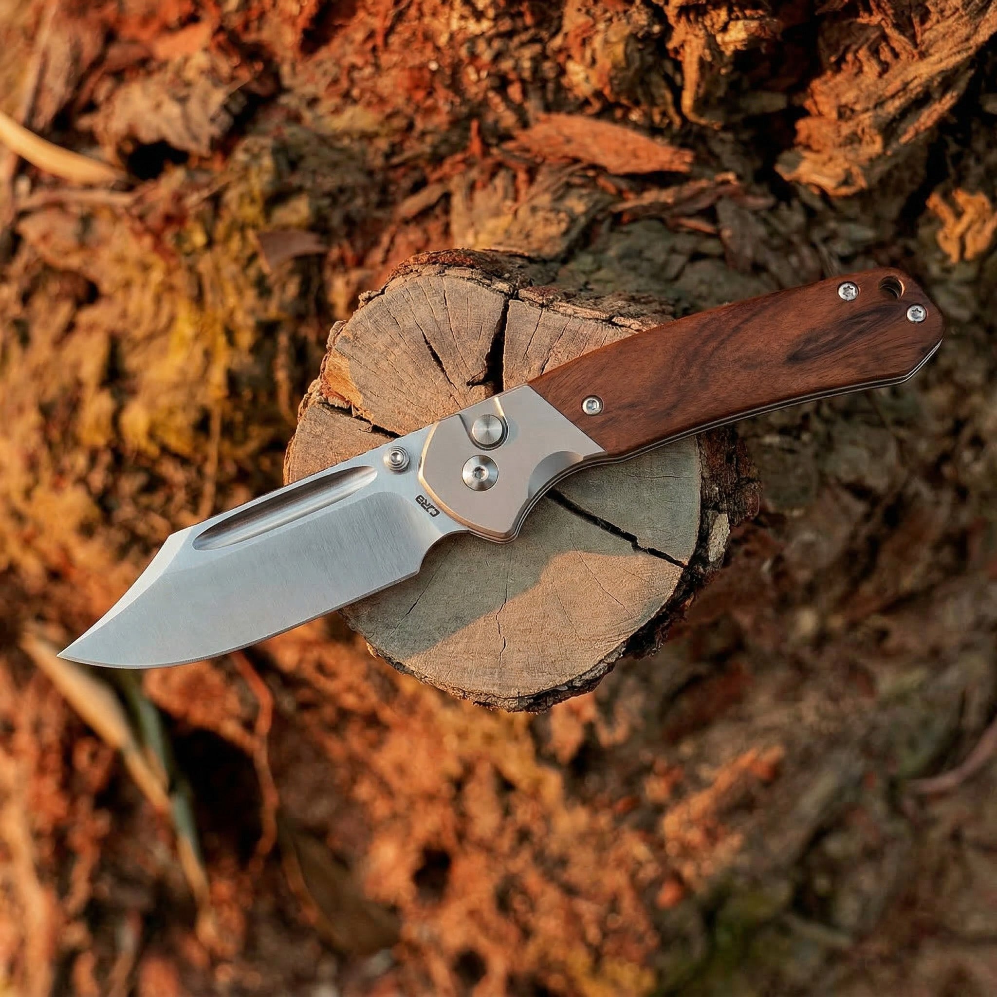 CJRB Bowie Pyrite J1942 AR-RPM9 Steel Blade Wood Handle Folding Knives - Rosewood (J1942-RW)