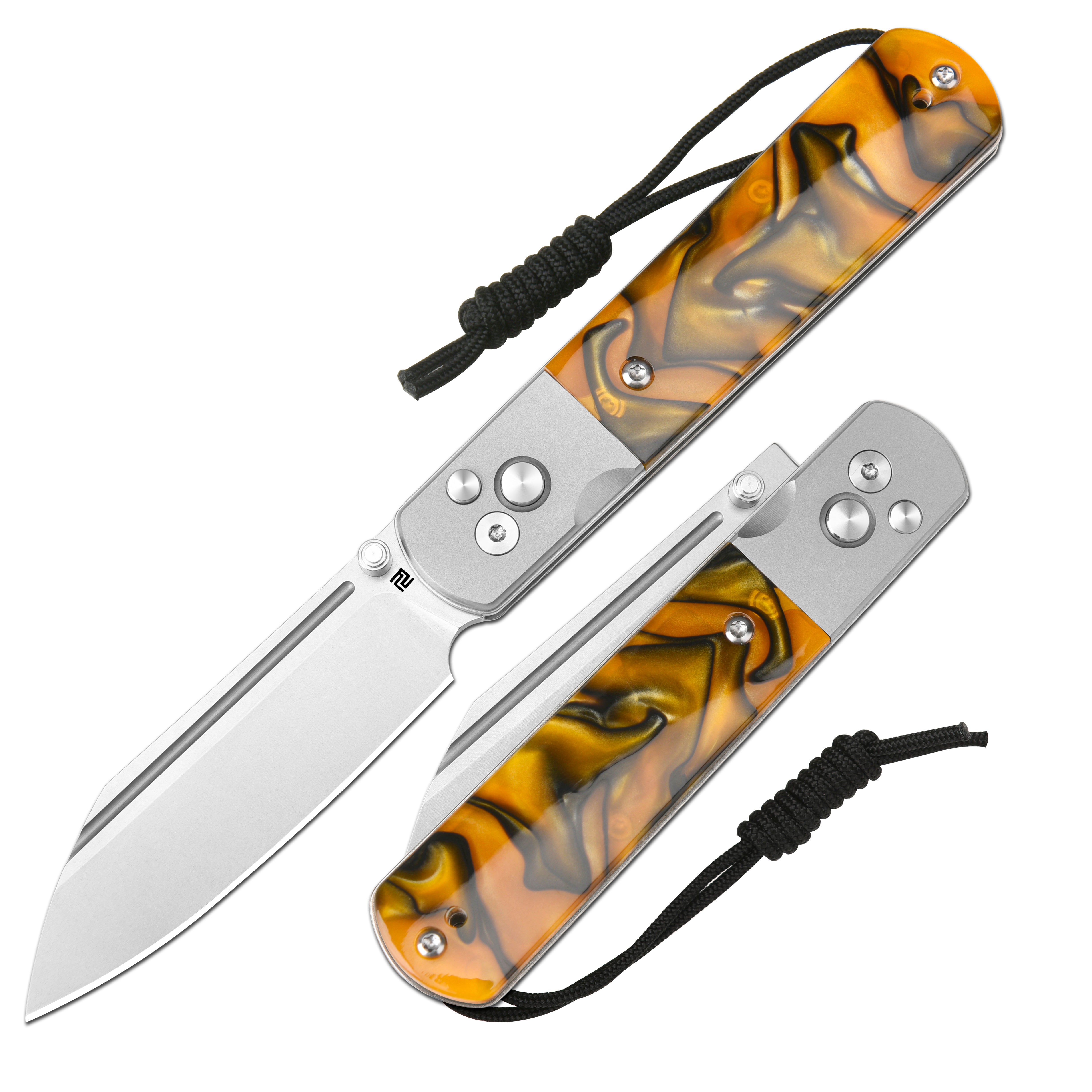 Artisan Cutlery Holm 1875P AR-RPM9 Steel Blade Acrylic Handle Folding Knives - Black & Orange (1875P-OEA)
