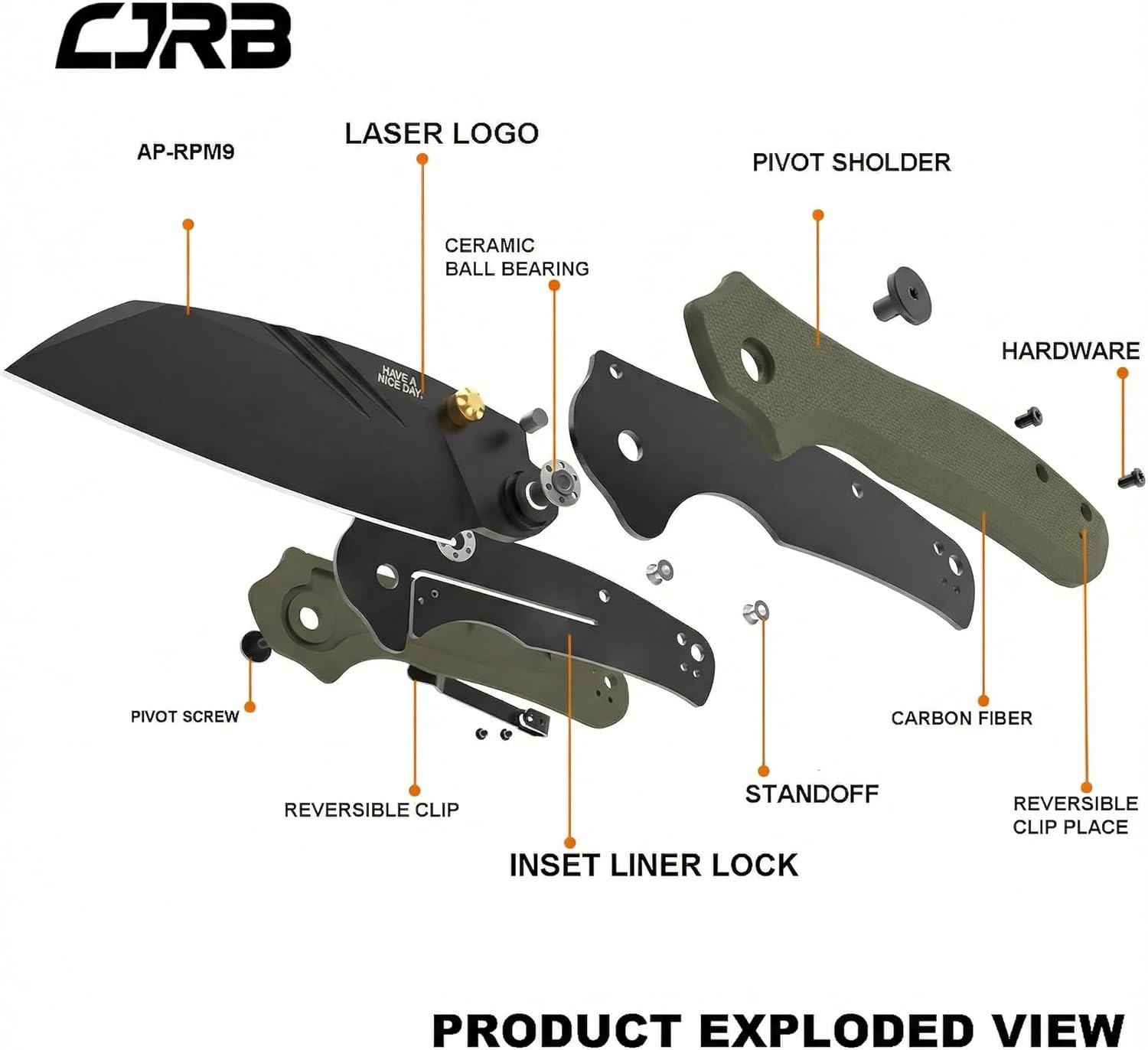CJRB Fugly J1957 AR-RPM9 Steel Blade G10 Handle Folding Knives - Black PVD/Green G10 (J1957-BGN)