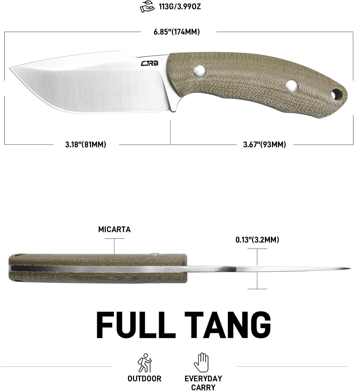 CJRB Mutt J1958 AR-RPM9 Steel Blade Fixed Blade Knives - Mircarta (J1958-ODG)