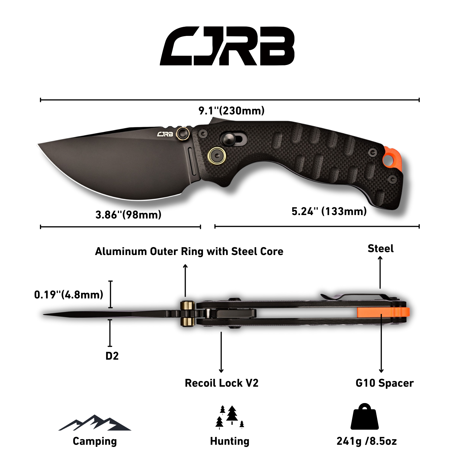 CJRB Doubletap Thumb Stud & Recoil Lock V2 Tatical Knife Black G10 Handle(3.86'' D2 Black PVD Coating Blade) J1970-BBK