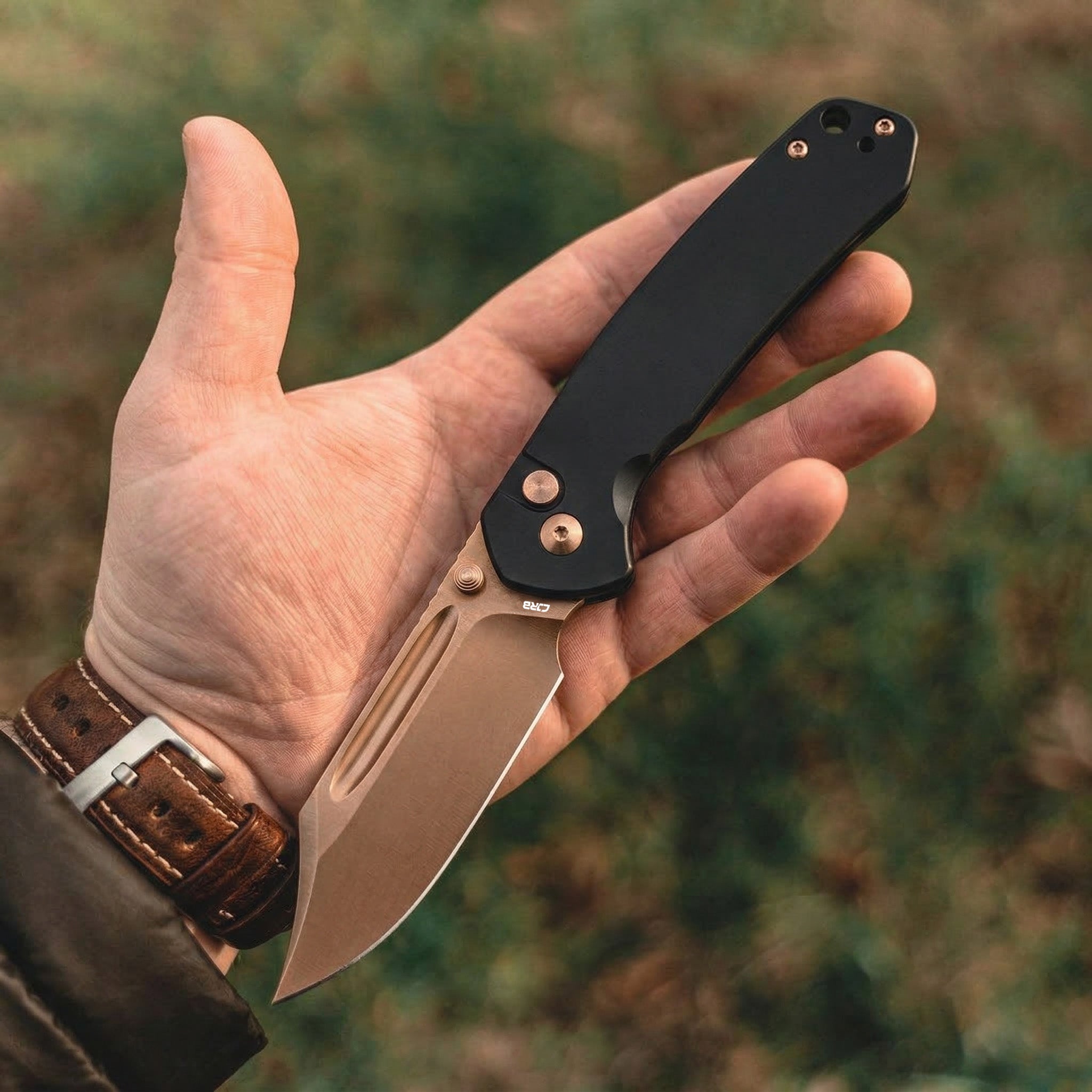 CJRB Bowie Pyrite J1942 AR-RPM9 Steel Rose Gold Blade Steel Handle Folding Knives