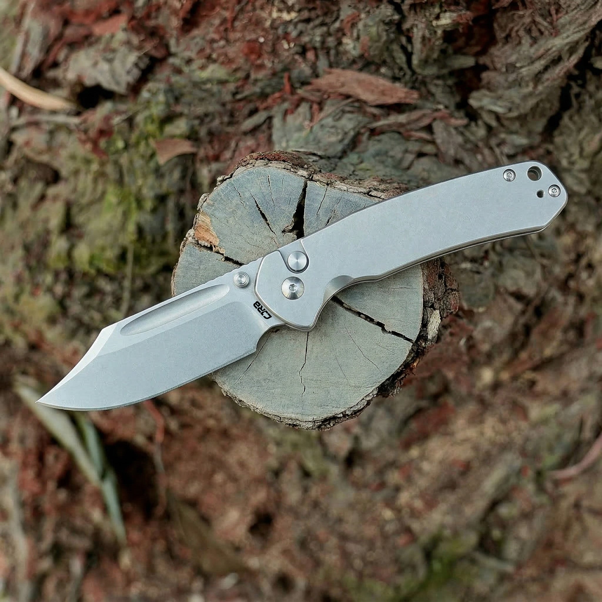 CJRB Bowie Pyrite J1942 AR-RPM9 Steel Blade Steel Handle Folding Knives - Stonewash Steel (J1942-ST)