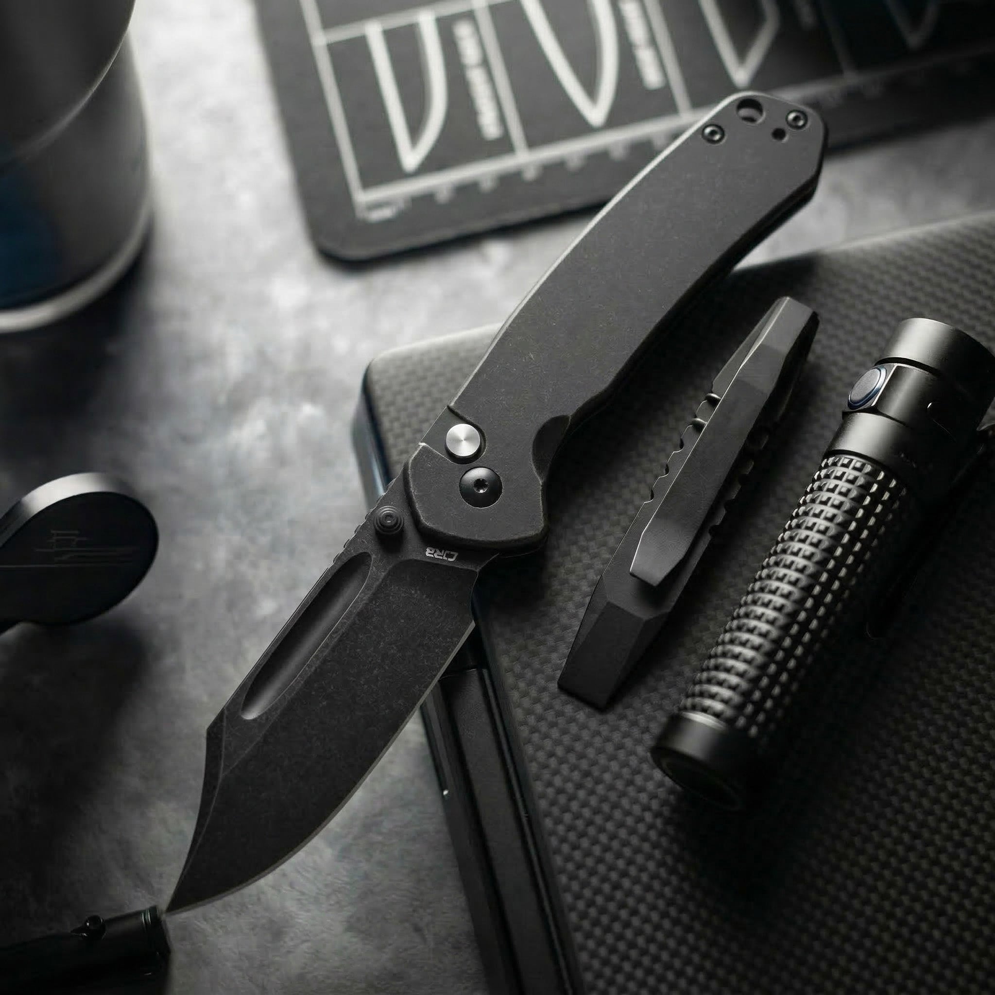 CJRB Bowie Pyrite J1942 AR-RPM9 Steel Blade Steel Handle Folding Knives - Black Coating Stonewash (J1942-BST)