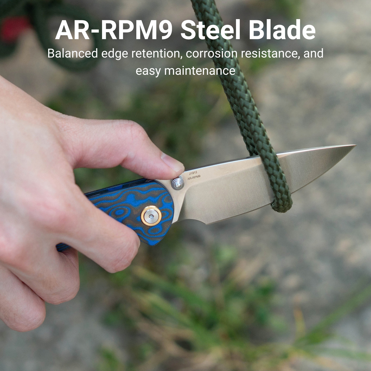 CJRB Feldspar Thumb Stud & Top Liner Lock Folding Knife Blue Brown Micarta with Ripple Pattern Handle (3.53'' Sand Polish AR-RPM9 Steel Blade) J1912X-MBU (Exclusive)
