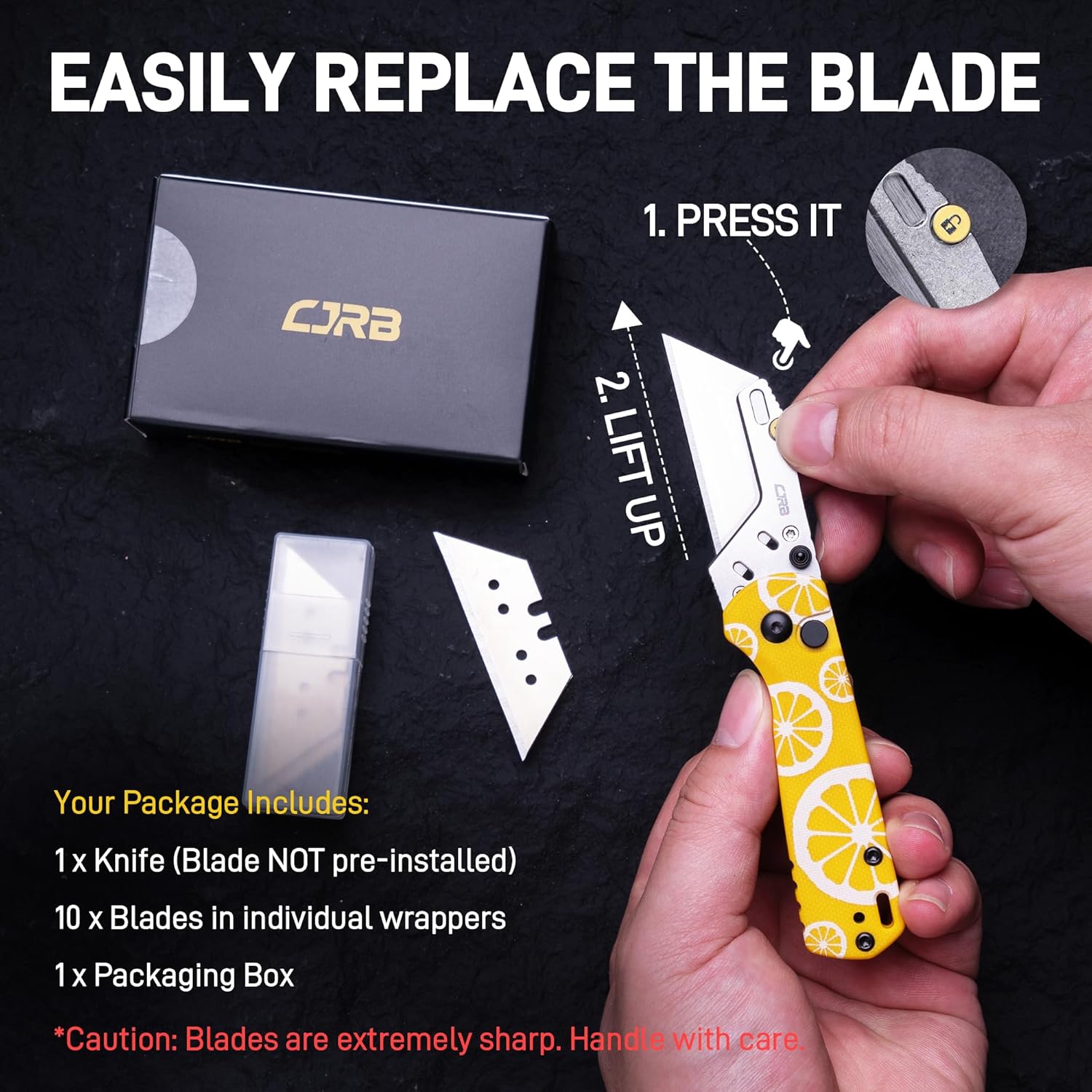 CJRB Boxer J1967 G10 Handle Folding Utility Knife, with 10 Extra Blades (Yellow Lemon)