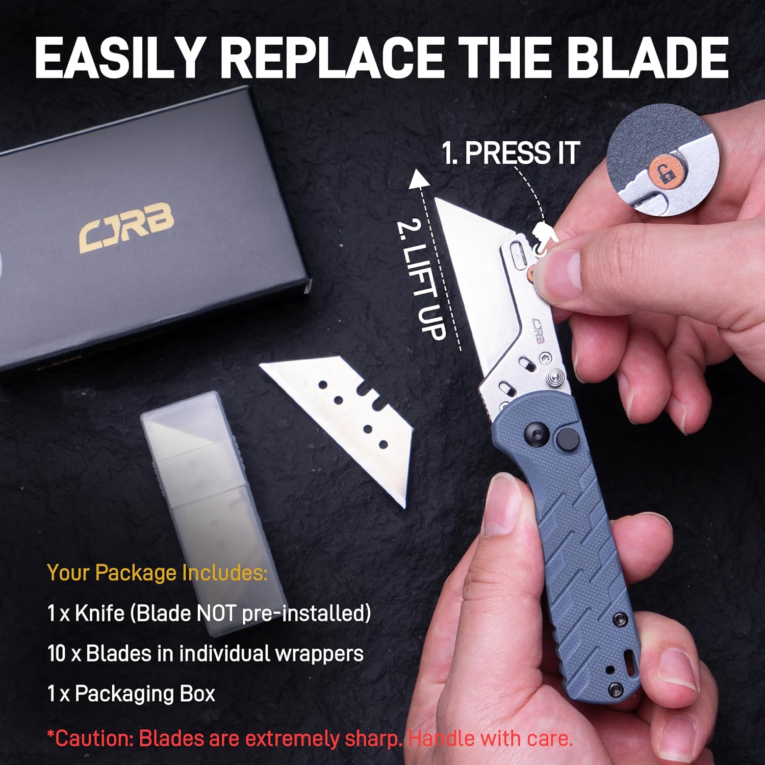 CJRB Boxer J1967 G10 Handle Folding Utility Knife, with 10 Extra Blades (Blue Ripple)