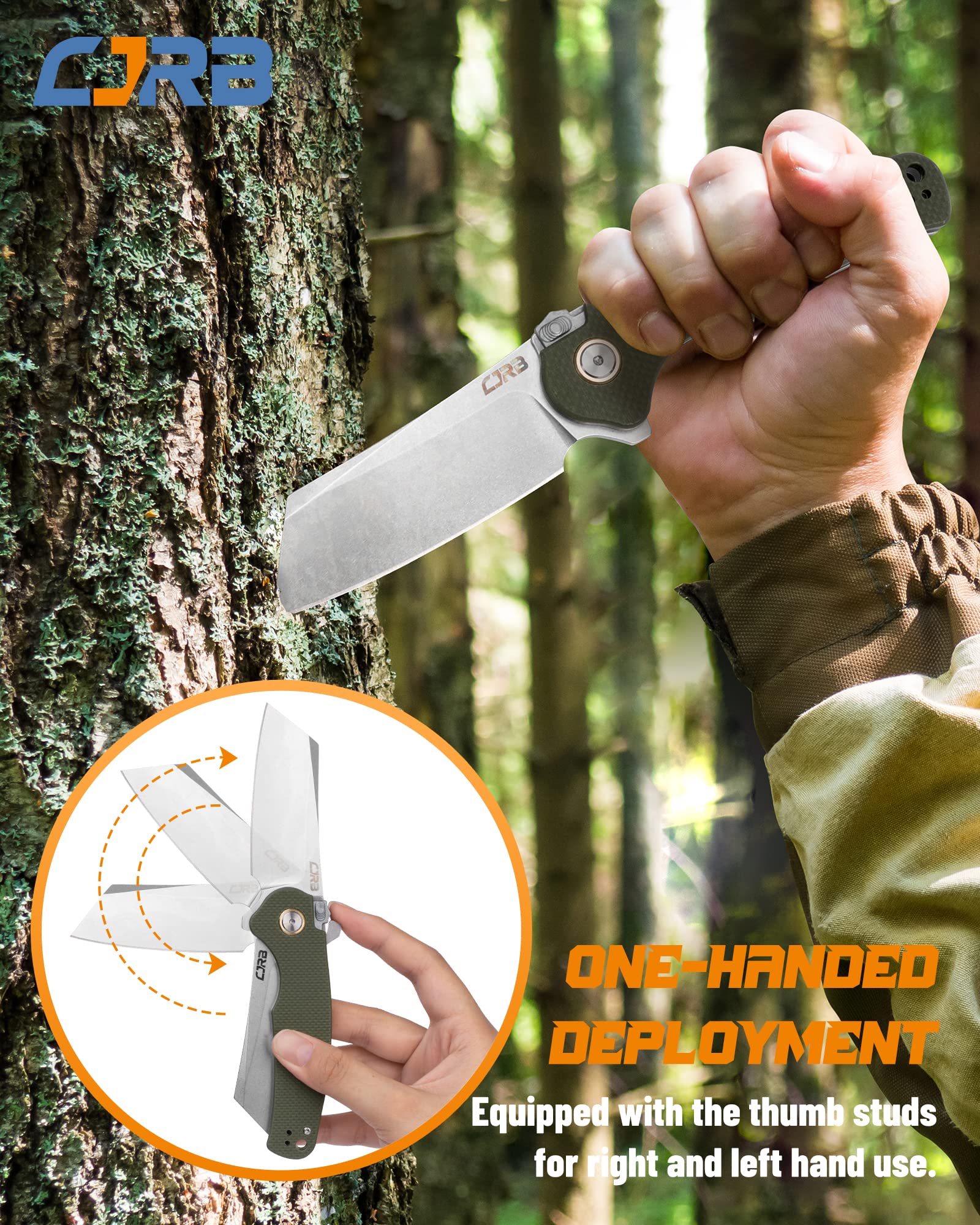 CJRB Crag Thumb Stud & Recoil Lock Folding Knife Green G10 Handle (3.43'' Stone Wash AR-RPM9 Steel Blade) J1904R-GNF