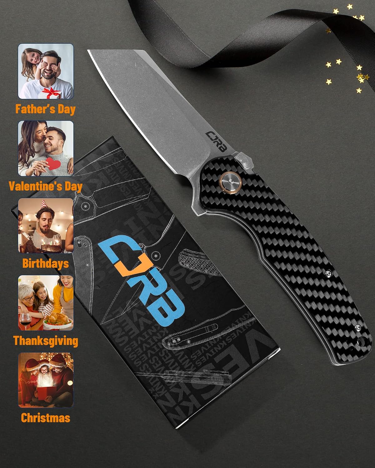 CJRB Crag Thumb Stud & Recoil Lock Folding Knife Carbon Fiber Handle (3.43'' Stone Wash AR-RPM9 Steel Blade) J1904R-CF