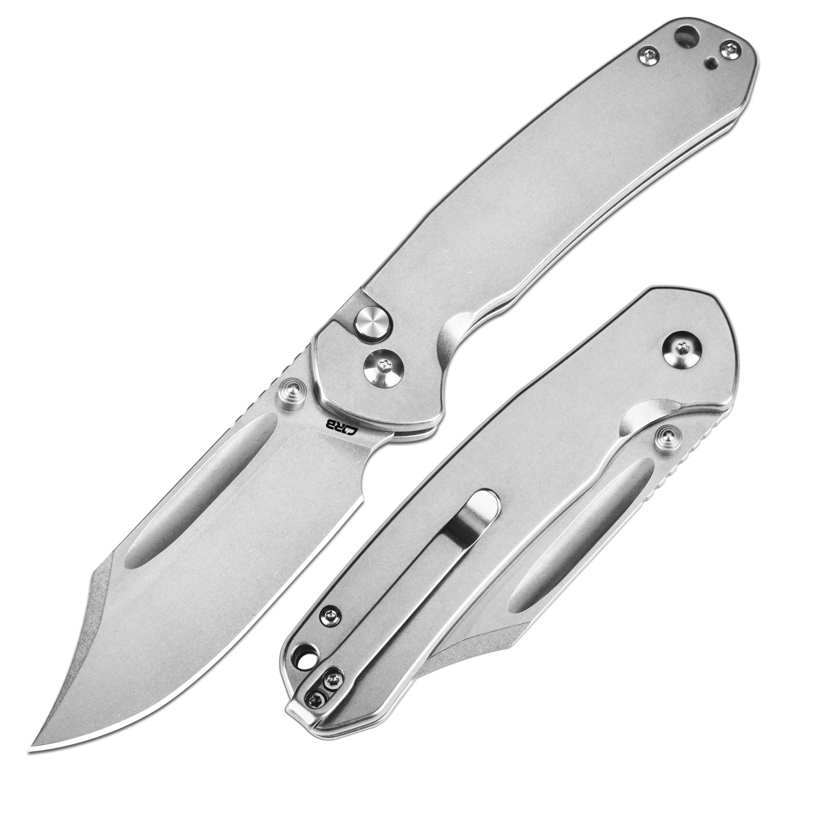 CJRB Bowie Pyrite J1942 AR-RPM9 Steel Blade Steel Handle Folding Knives - Stonewash Steel (J1942-ST)