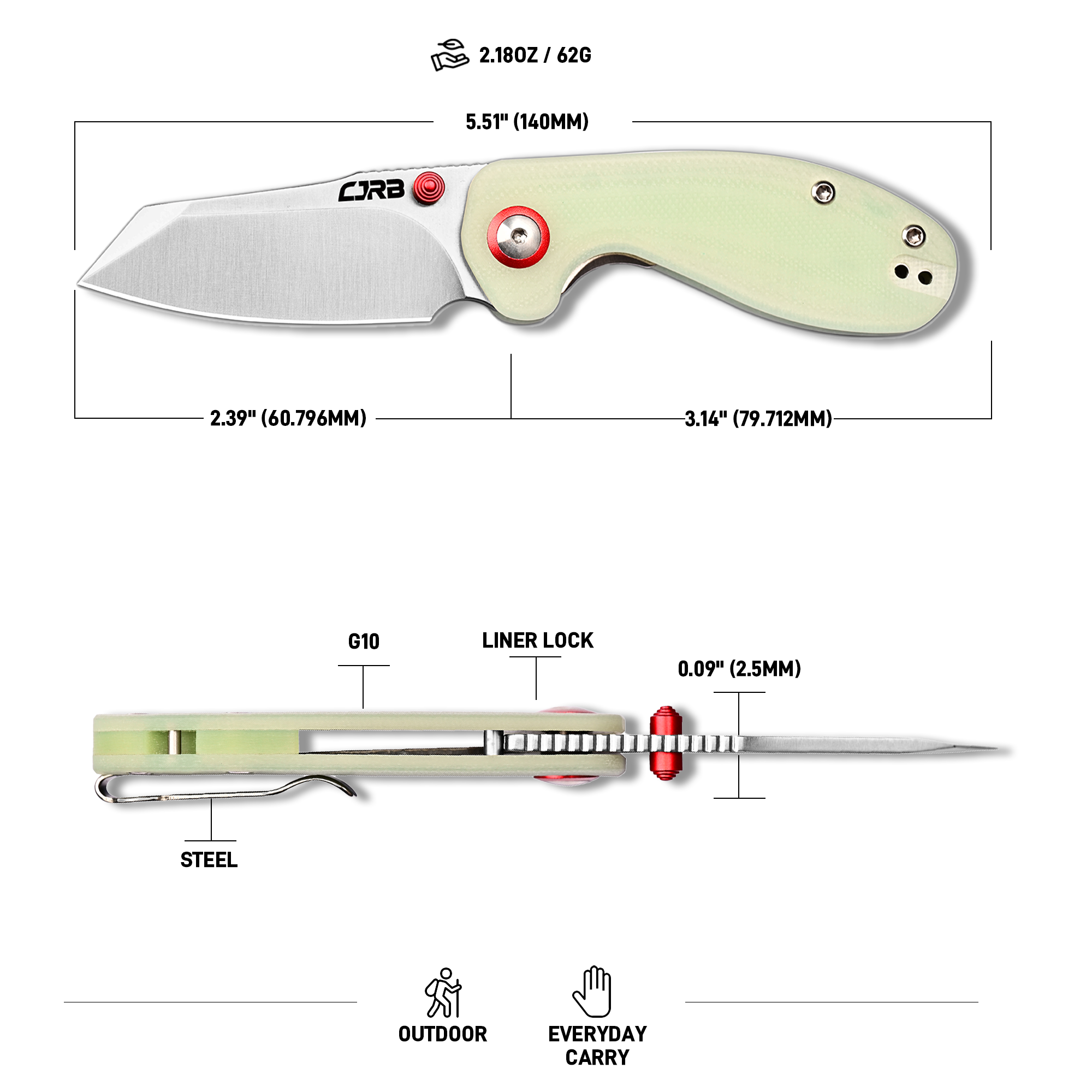 CJRB Maileah Front Flipper & Liner Lock G10(Glow In the Dark) Handle (2.39'' Sand Polish AR-RPM9 Blade) J1918-GD