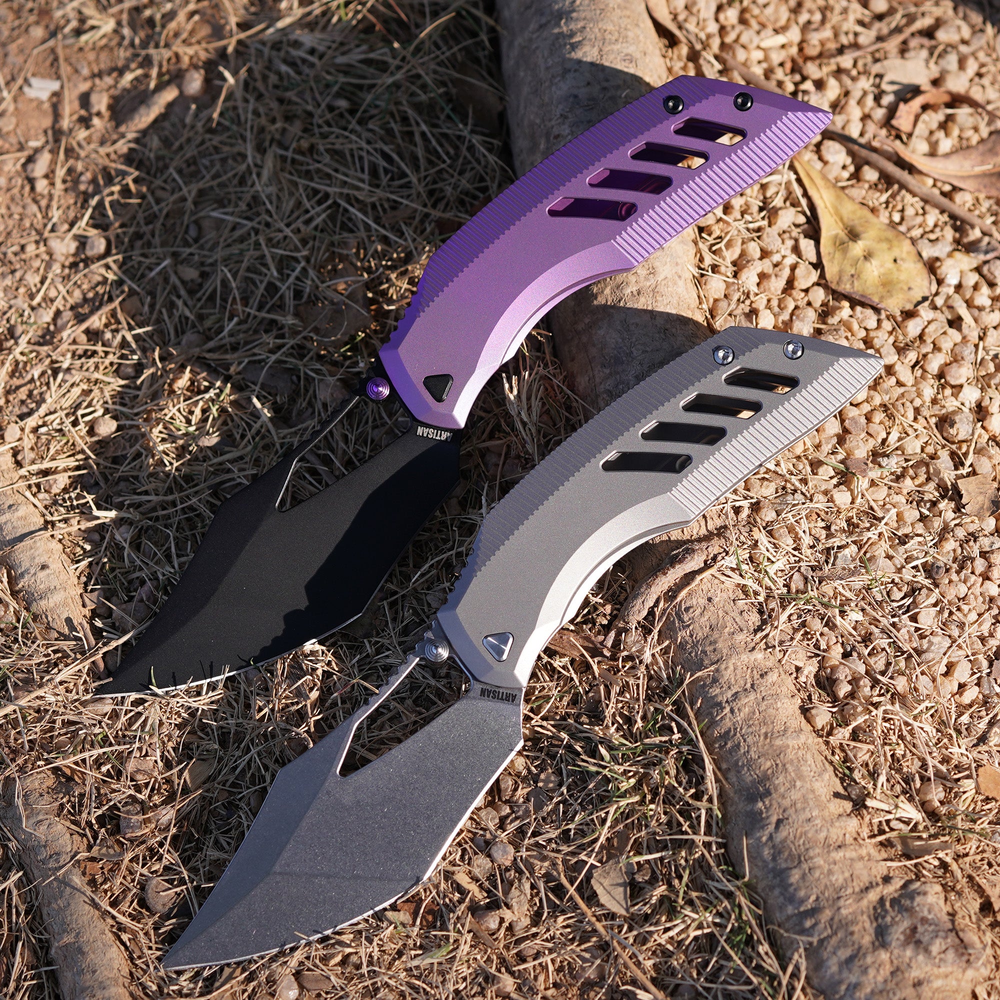 ArtisanCutlery Dark Wing Thumb Hole & Front Flipper Frame Lock EDC Knife Titanium Handle(3.63'' S35VN Black PVD Coating Blade ) 1887G-BPU