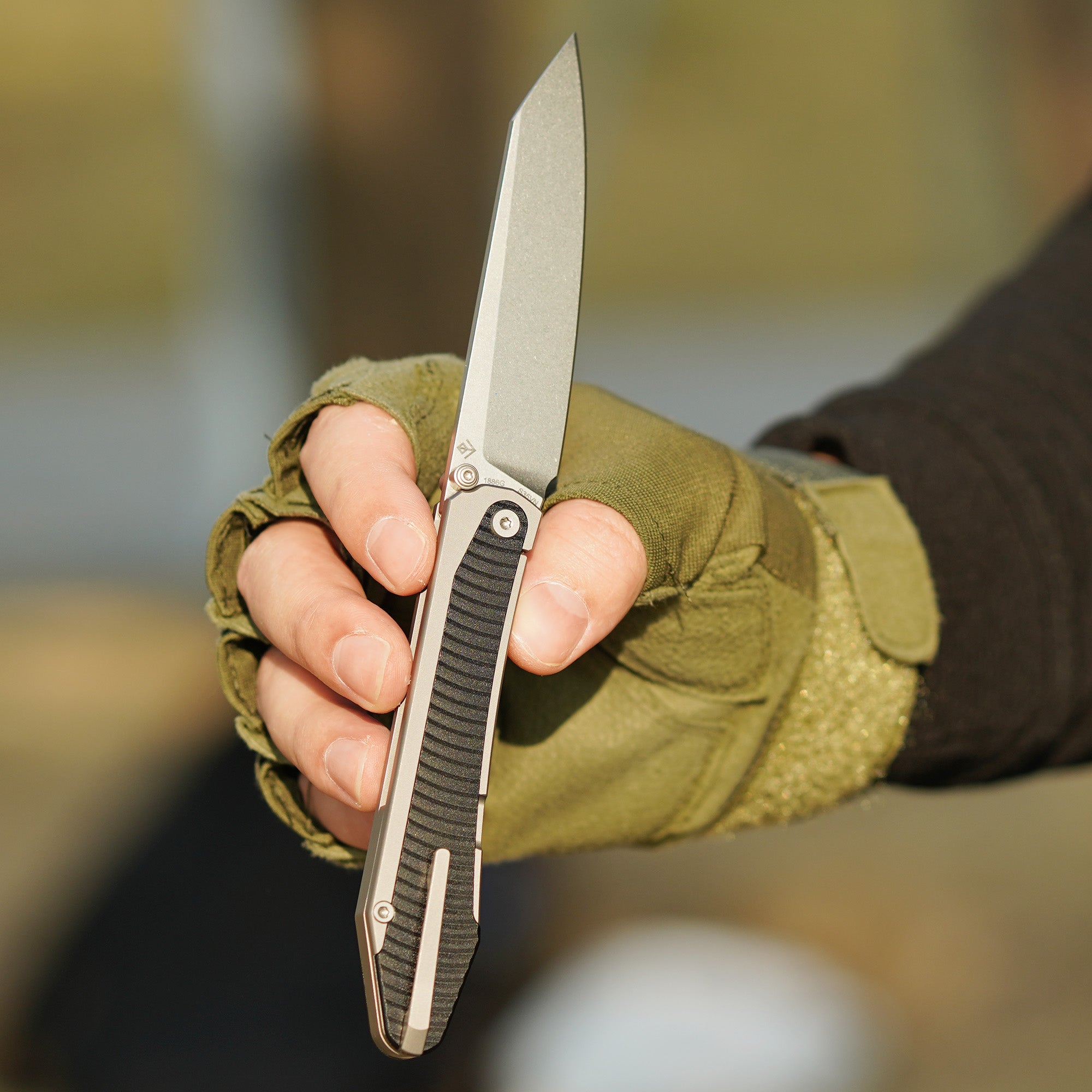Artisan Cutlery Trust Thumb Stud & Frame Lock Knife Titanium and Aluminum Handle (3.758'' Stone Wash S35VN Blade) 1886G-GY