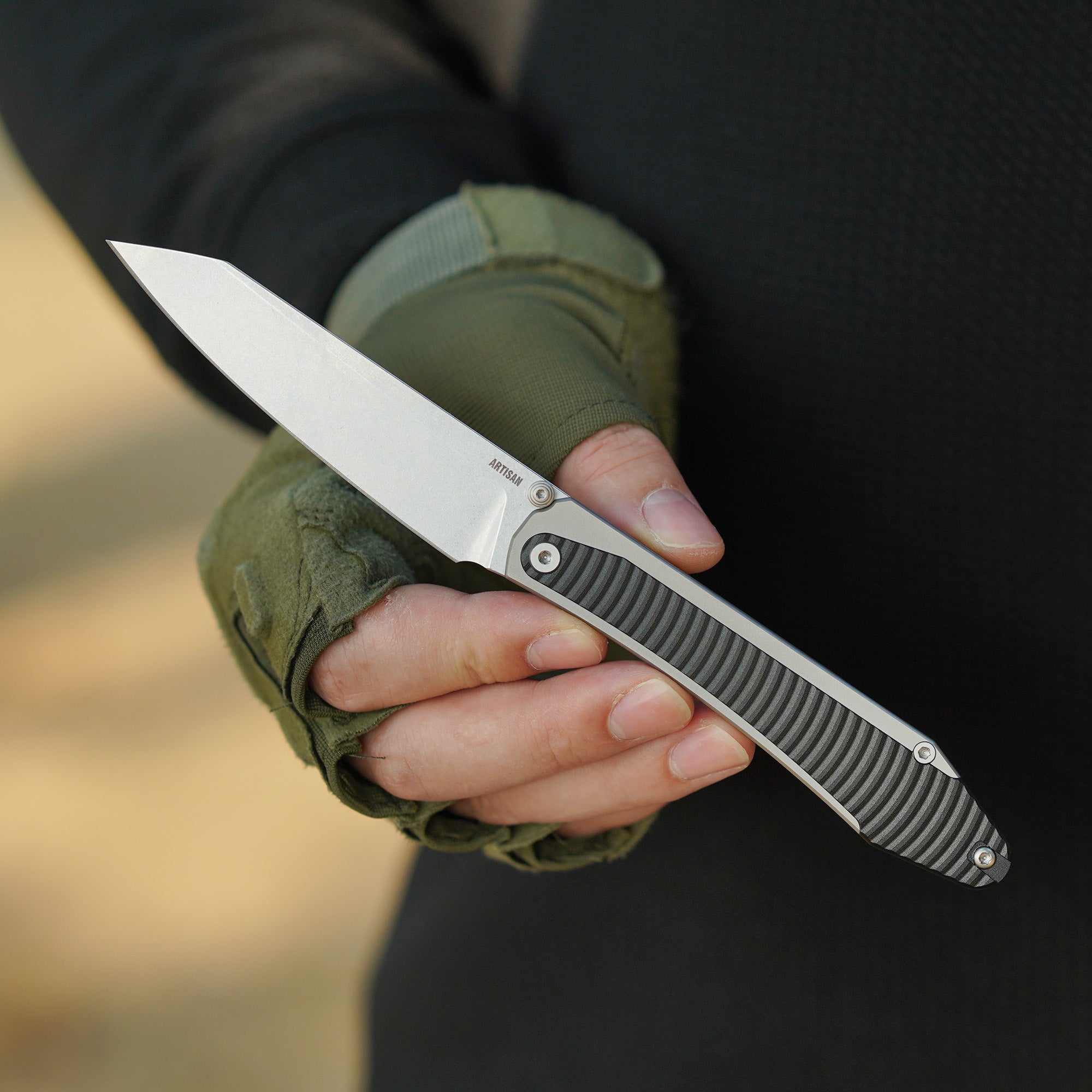 Artisan Cutlery Trust Thumb Stud & Frame Lock Knife Titanium and Aluminum Handle (3.758'' Stone Wash S35VN Blade) 1886G-GY