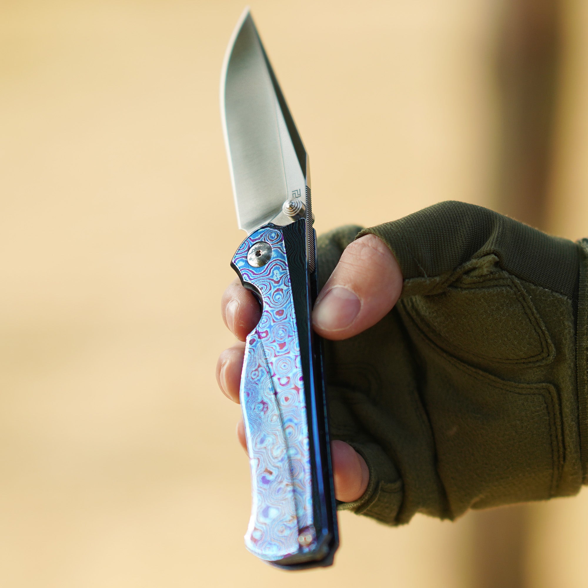 Artisan Cutlery Crusoe ATZ-1869G S90V Blade Titanium Damascus Handle Folding Knives (Limited)