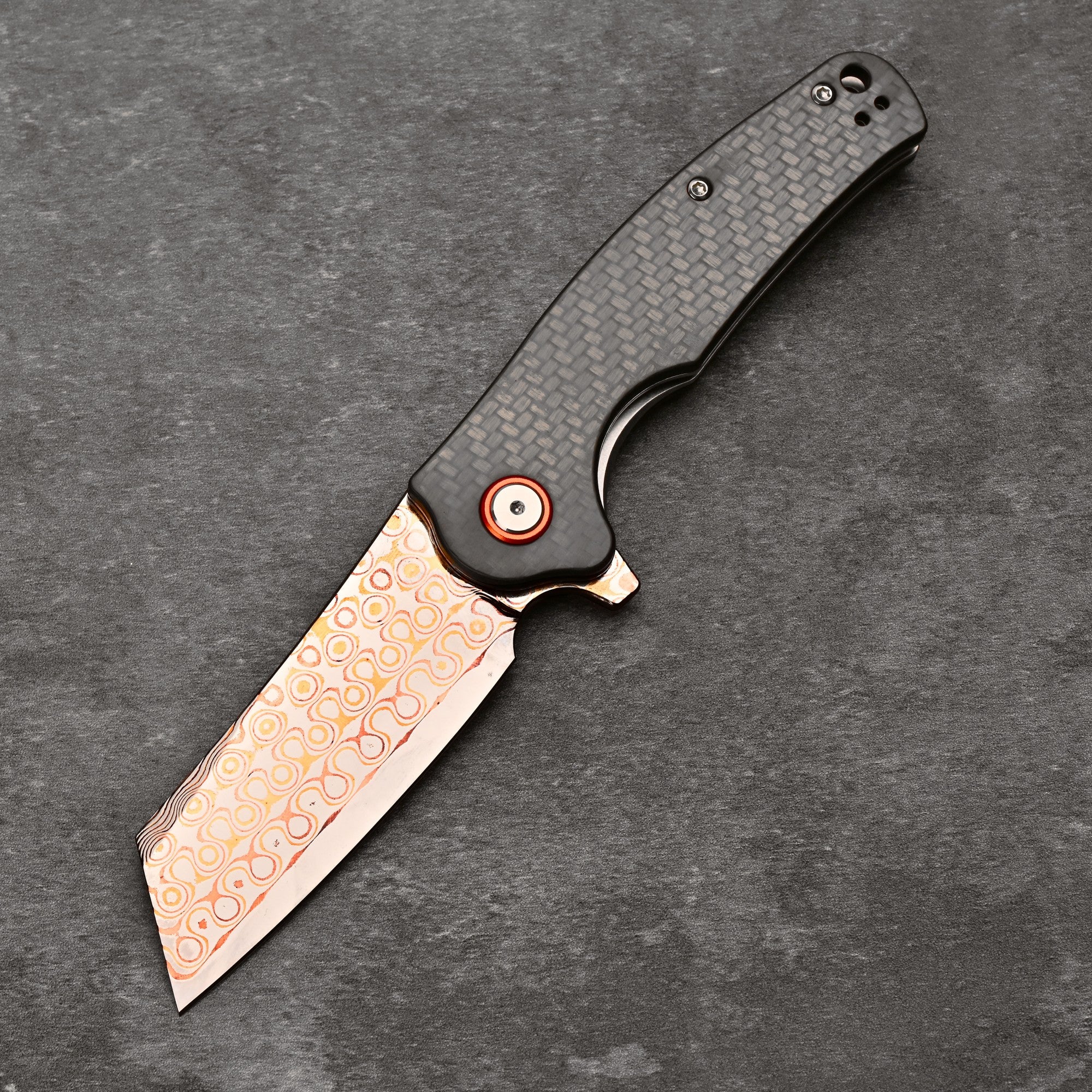 CJRB Crag J1904 Copper Damascus Steel Carbon Fiber Handle Folding Knives(Prototype)